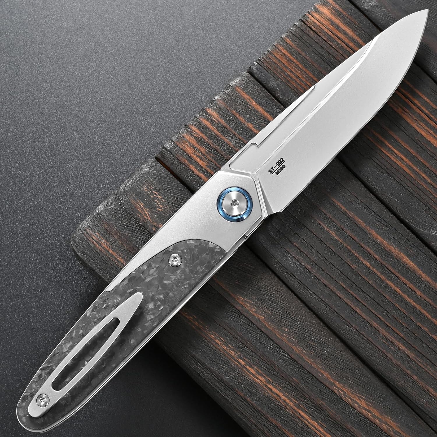 Sitivien ST992 Folding Pocket Knife,Handmade M390 Pearlescent Brushed Steel Blade,Titanium Carbon Fiber Handle EDC Tool Knife for Outdoor Camping,Hiking,Survival,Hunting(Gray)
