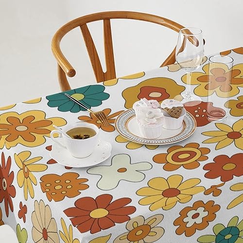Miniatura 2 de Mantel floral retro de los años 70, diseño bohemio abstracto de flores amarillas naranjas para decoración de mesa de campo, granja, cocina, comedor,