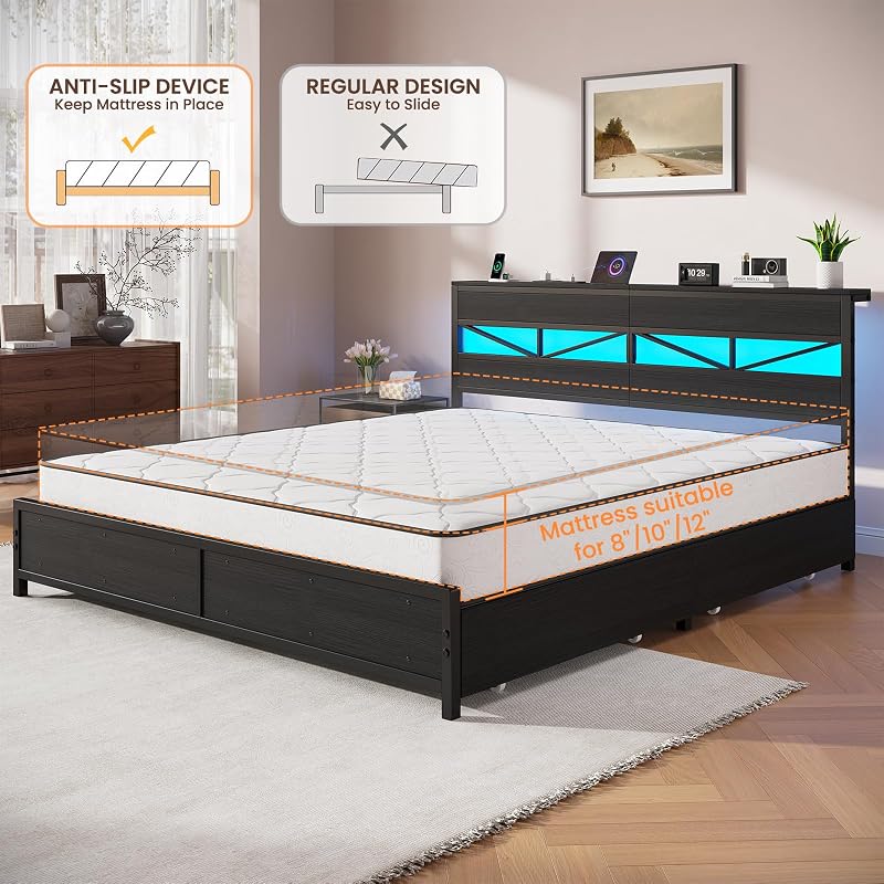 King Size Bed Frame with Storage Headboard and Charging Station, Black image 5