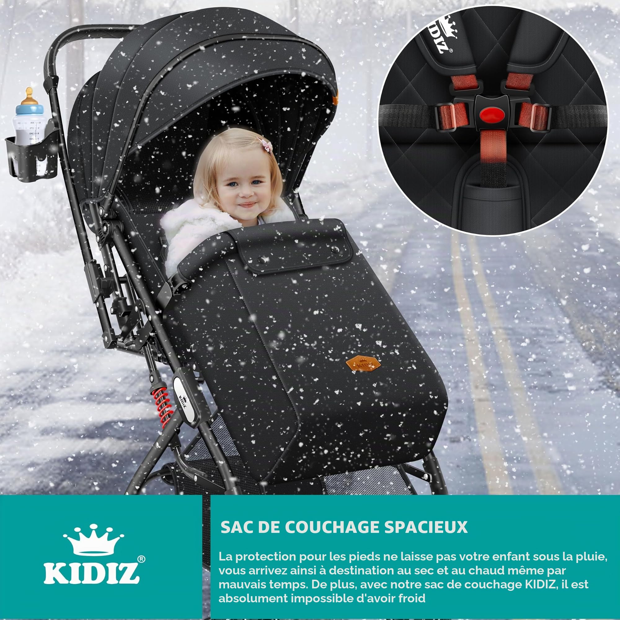 KIDIZ Poussette pliable pour enfant - Roues à 360° - Sangle à 5 points - Avec chancelière - Porte-gobelet, housse de pluie et moustiquaire - Dossier réglable et capote pare-soleil