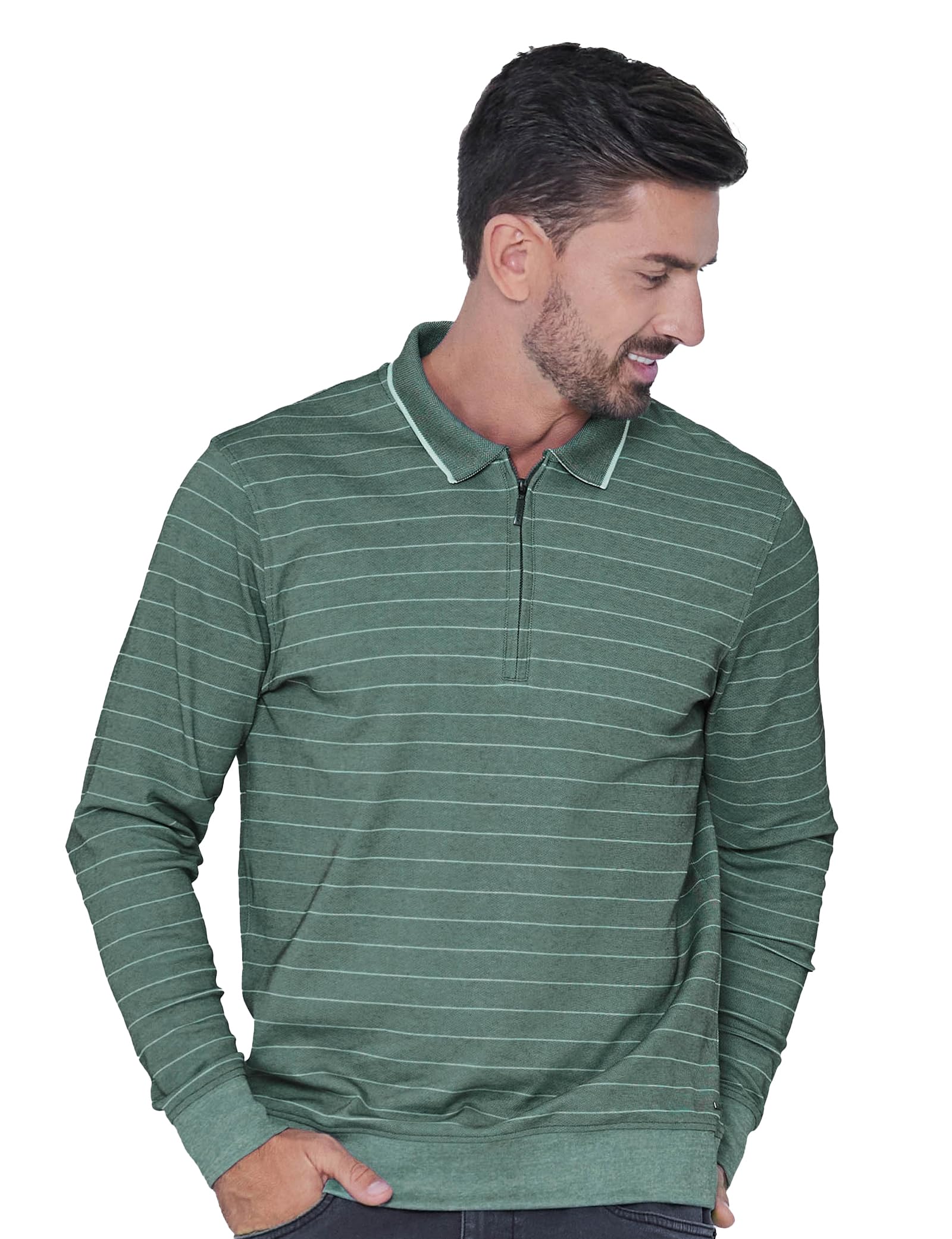 Enorsia Men's Green Half Zip Long Sleeve Polo Shirt - Uk Xxl