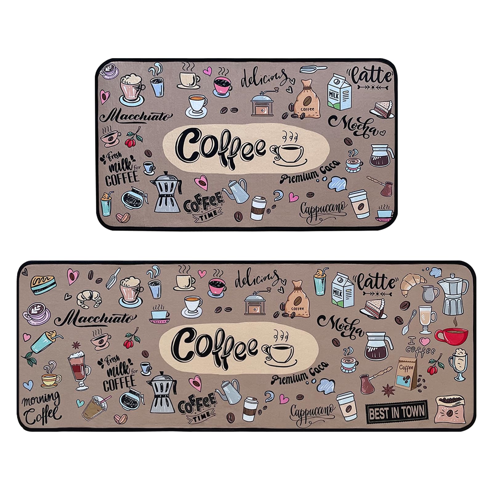 Voanos Coffee Kitchen Rugs,Non Skid Washable Microfiber mats for Kitchen Floor,Coffee Theme Kitchen Cushioned Runner Rug Decor Sets of 2 Pieces,17"x 47"+17"x 30"