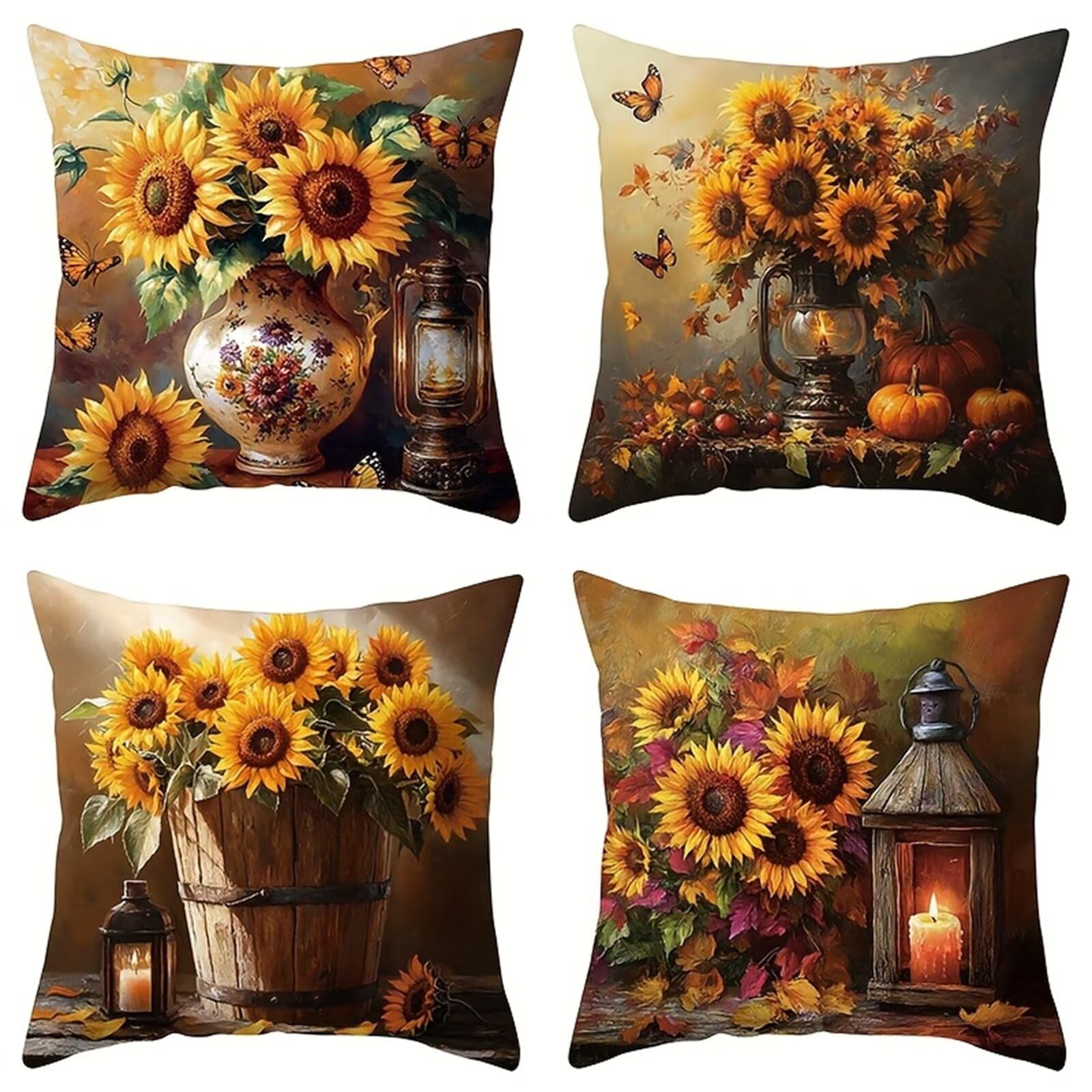QiHon Sunflower Vase Cushion Covers 60x60 cm Set of 4, Decorative Throw Pillow Cases, 24x24 inch Square Linen Pillowcases for Sofa Living Room Bedroo