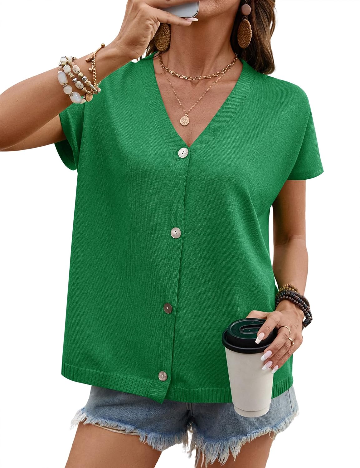 LOMON Oversided Cardigan Sweaters for Women Short Cap Sleeve V-Neck Casual Button Lightweight Knitted Trendy Sweater S-XL - Image 2