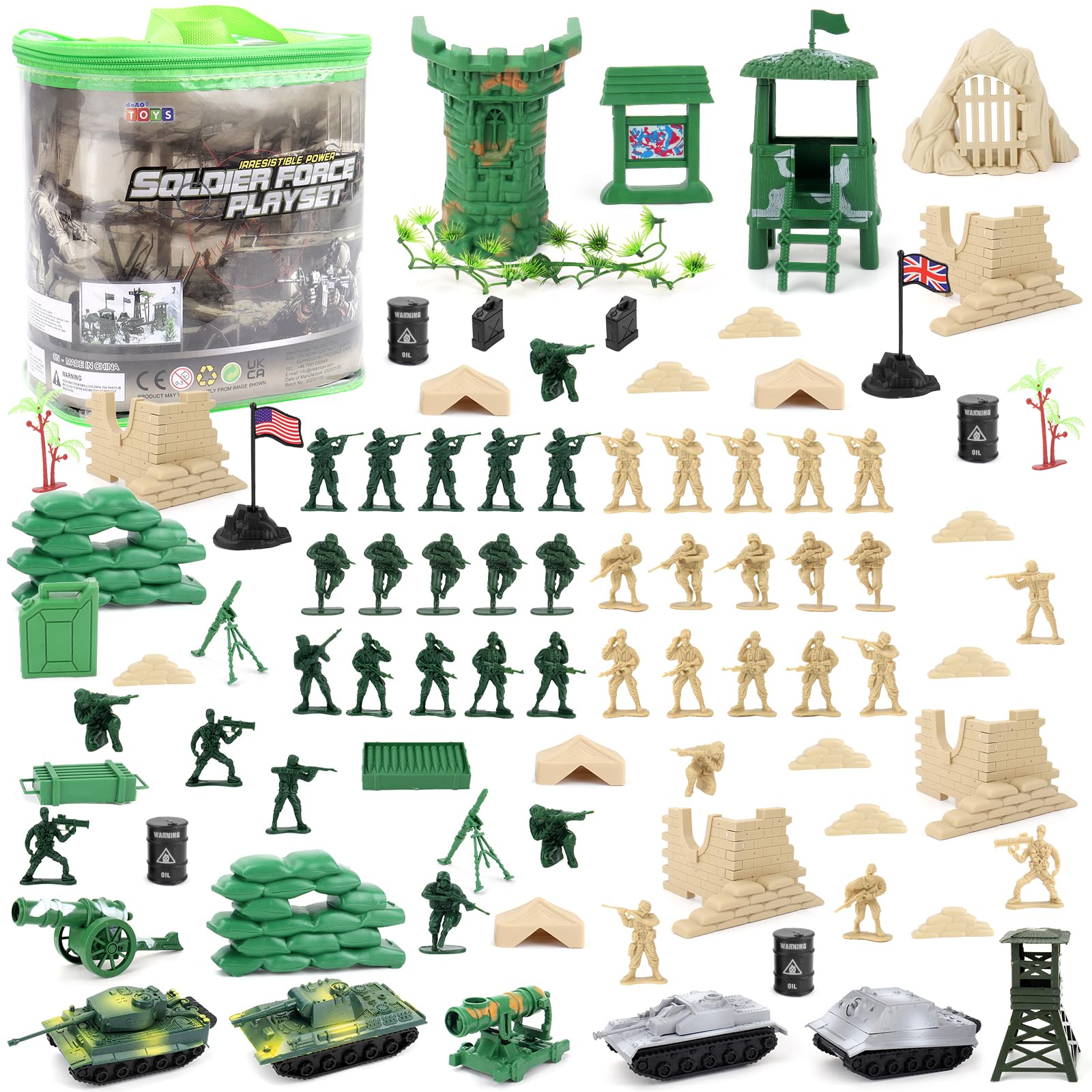 deAO 100 Piece Military Playset with Miniature Soldiers; Military Characters; Tanks; Aircraft; Flags; Transport and Combat Accessories