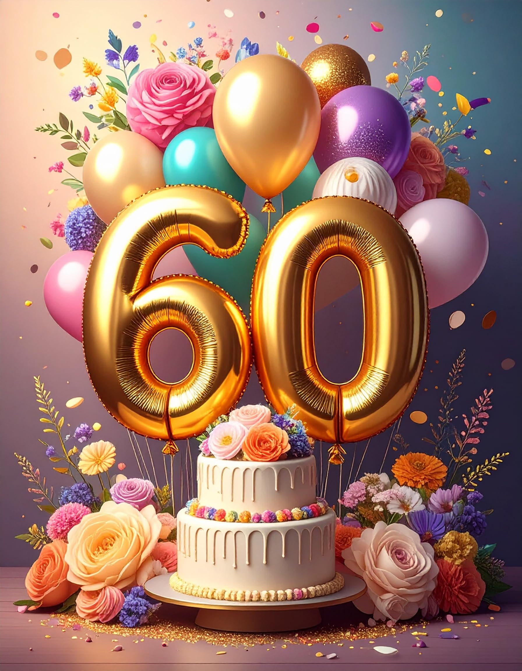 Extra Large 60th Birthday Card for Her or Him – Age 60 Card, Colourful Flowers Balloons and Cake Design, Blank Inside, with Envelope