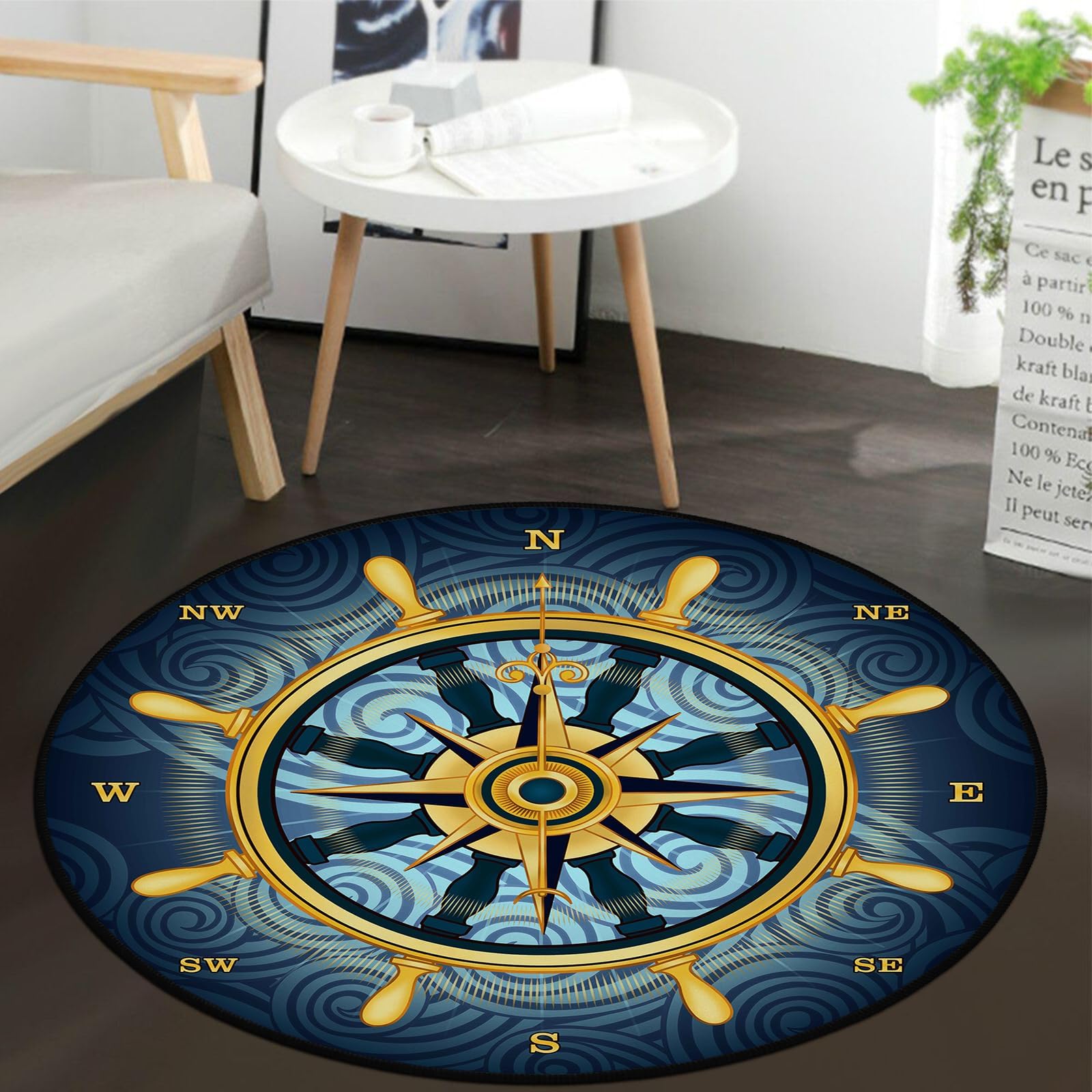 keepcute Blue Compass Rose Non-Slip Doormat Gold Nautical Theme Non-Slip Floor Mat Round Area Rug Carpet for Bedroom Living Room Study Playing Carpet,