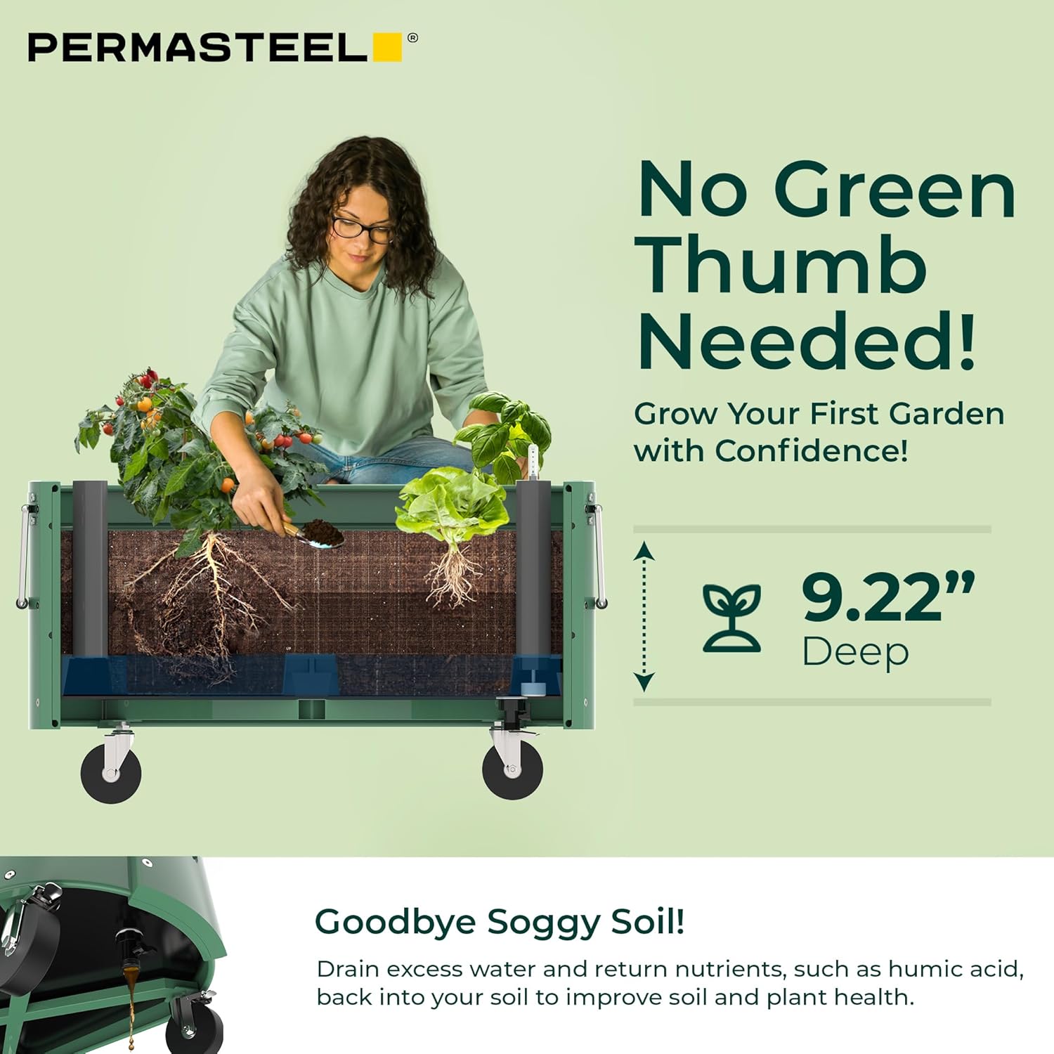Permasteel Self-Watering Garden Bed, Rolling Planter for Vegetables, Flowers, Herbs, and Fruit, Outdoor Indoor, Caster Wheels, Sage