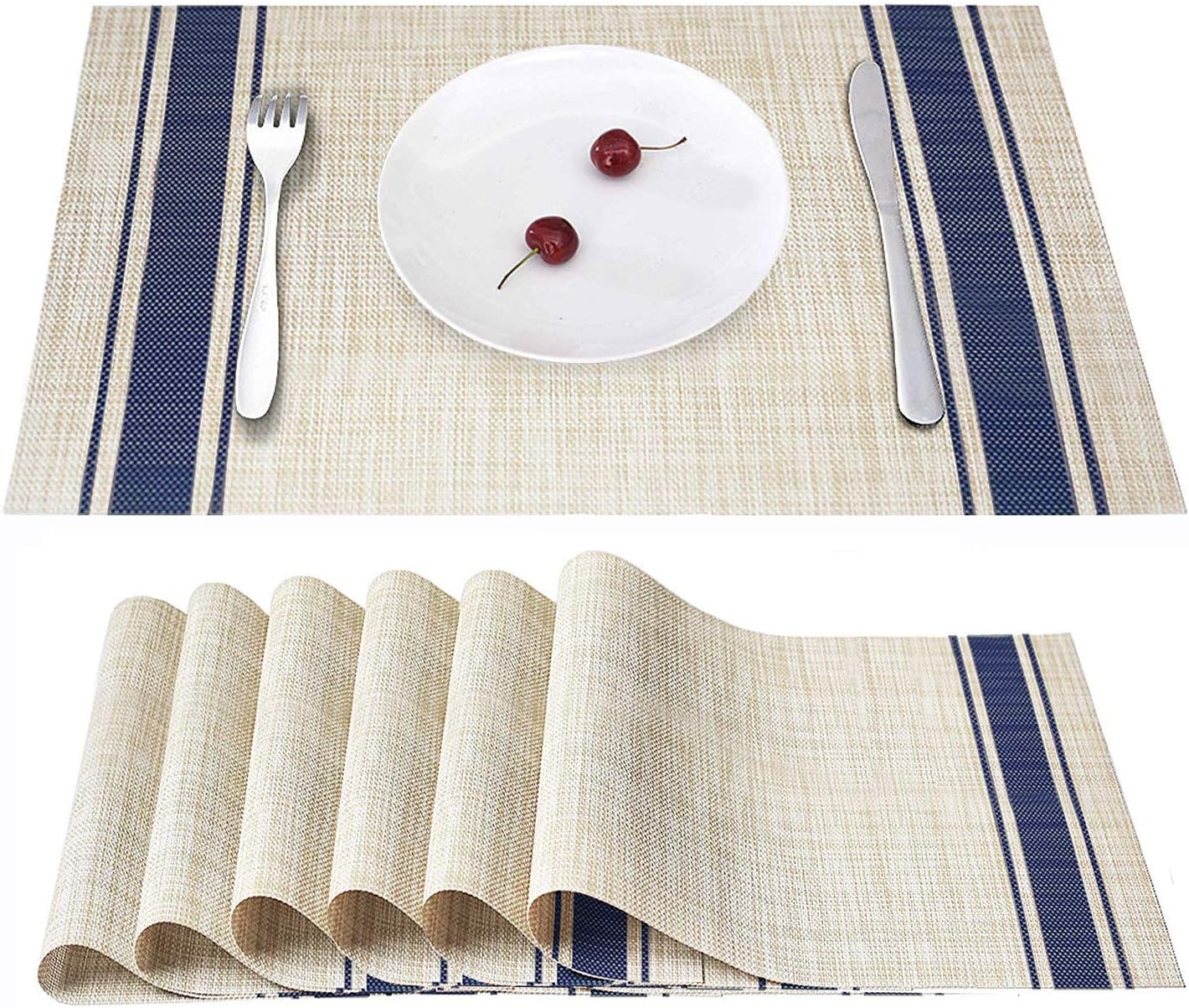 VIKEYTIM Placemats Set of 6, Smeala Heat Insulation Washable Place Mats, 17.7 x 11.8 inches Durable Non-Slip Kitchen Table Mats Placemat for Dining Table(Blue)