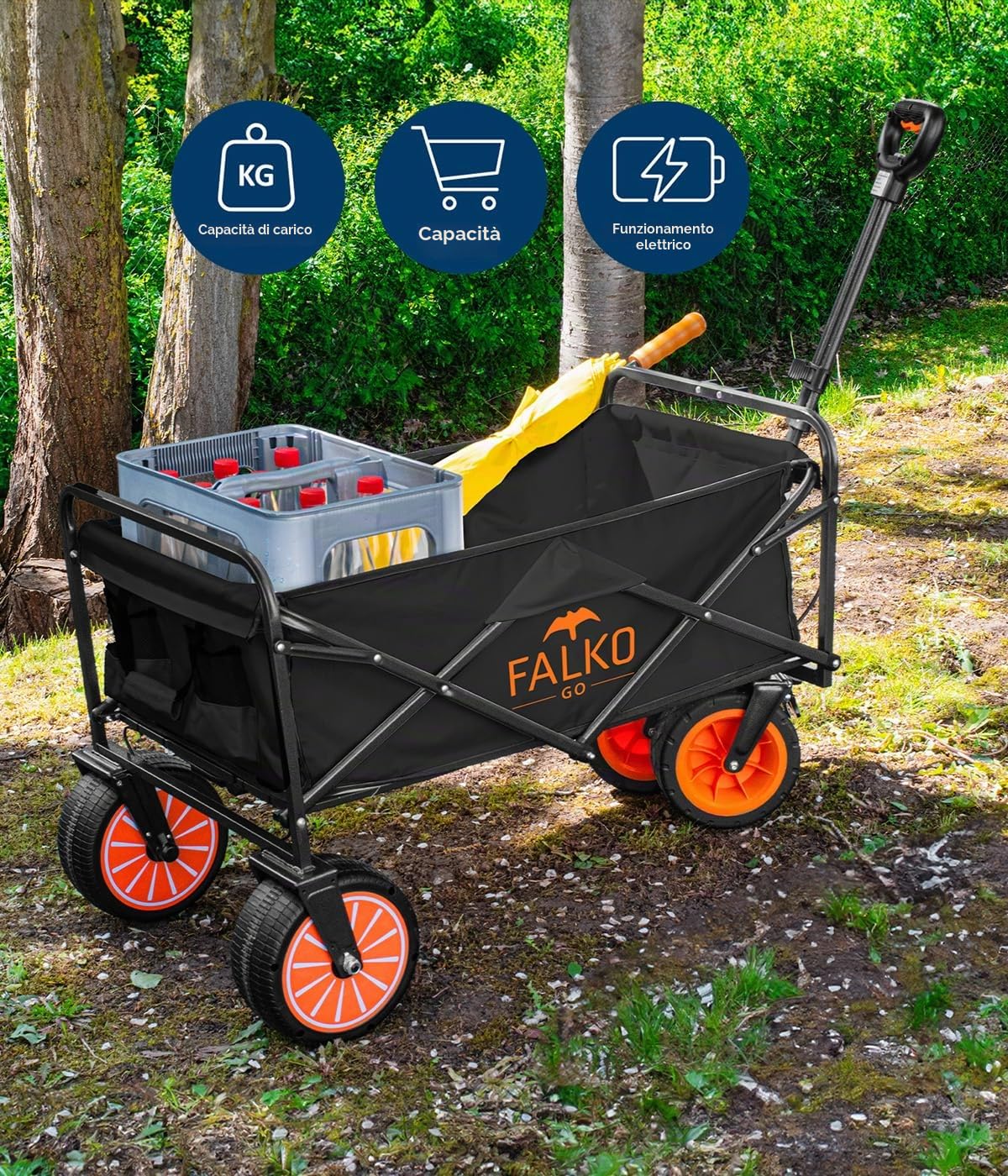 FALKO GO Carrello elettrico pieghevole, pneumatici larghi su tutte le superfici, carrello a mano con motore, carrello da giardino, da spiaggia per escursioni e campeggio, pieghevole