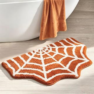 Estmy Gothic Bath Mat Spider Web Halloween Bath Mat Non Slip Washable, Microfiber 16x24 Orange Fall Autumn Funky Spooky Cute Fun Bathroom Mat Shower Rugs Halloween Bathroom Decor