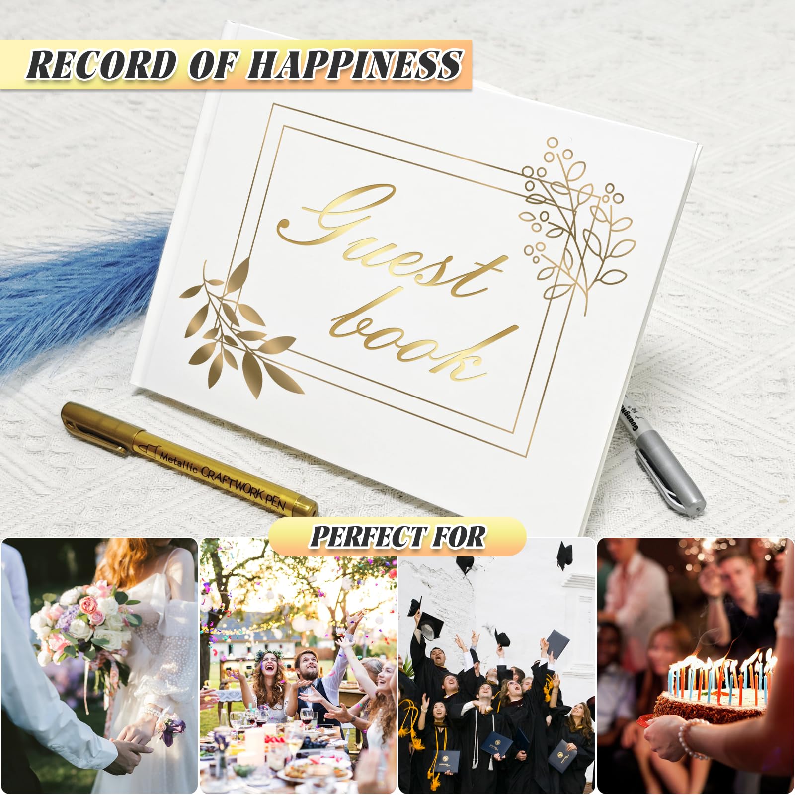 Livre D'or De Mariage, 120 Pages, Livre D'or De Réception De Mariage, Couverture Blanche Avec Feuille D'or, 17 X 22 Cm, Relié Rigide (style Feuille
