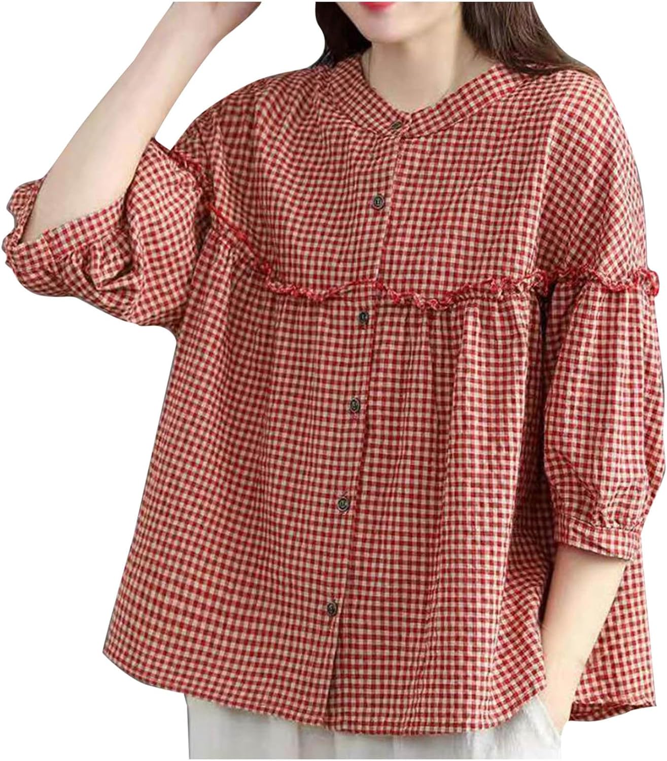 Women Plaid Cotton Linen Shirts Plus Size Button Down T Shirt Loose Fit Round Neck Lightweight Blouse