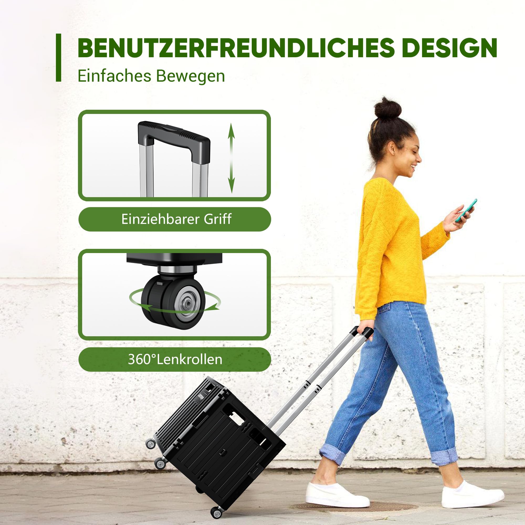LDHTHOPI Einkaufstrolley klappbar 65L,MAX 50KG Trolley mit Teleskopgriff,4 Zerlegbaren Drehbaren Rädern,100 x 42 x 37 Hohe Kapazität Einkaufstrolley,für Einkaufen Picknick Aufbewahrungskiste,Schwarz