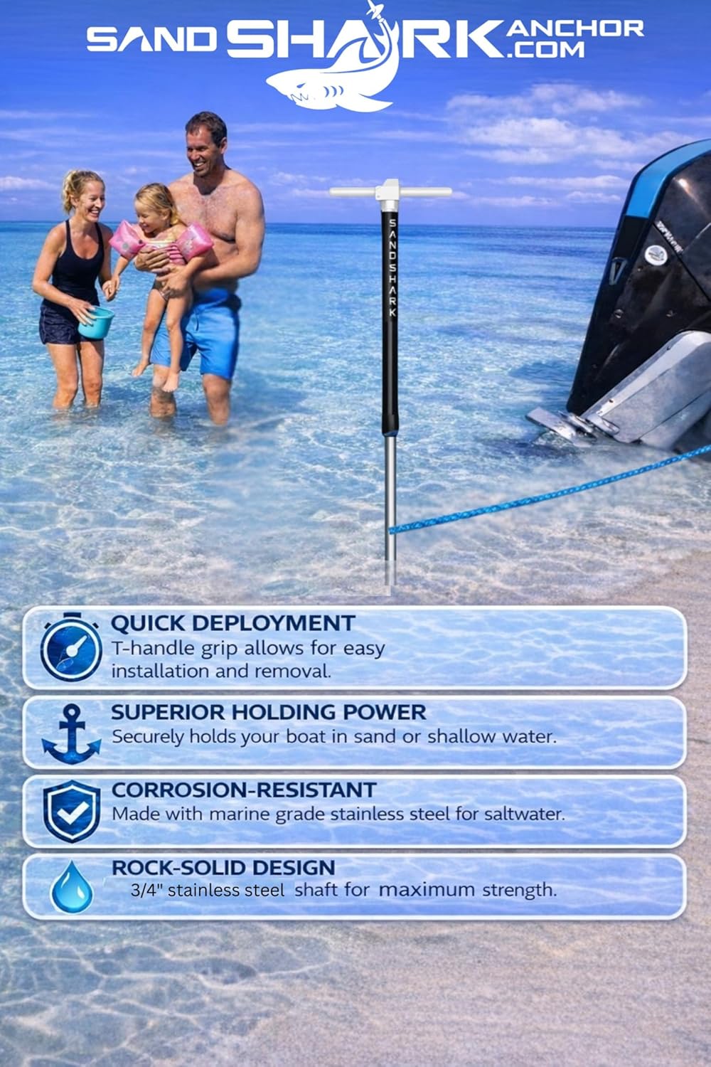 SandShark Anchor - Premium Screw in Boat Anchor, Pontoon Boat Anchor, Stainless Steel Shallow Water Anchor Pole, Sand Anchor w/Case - Essential Pontoon Boat Accessories