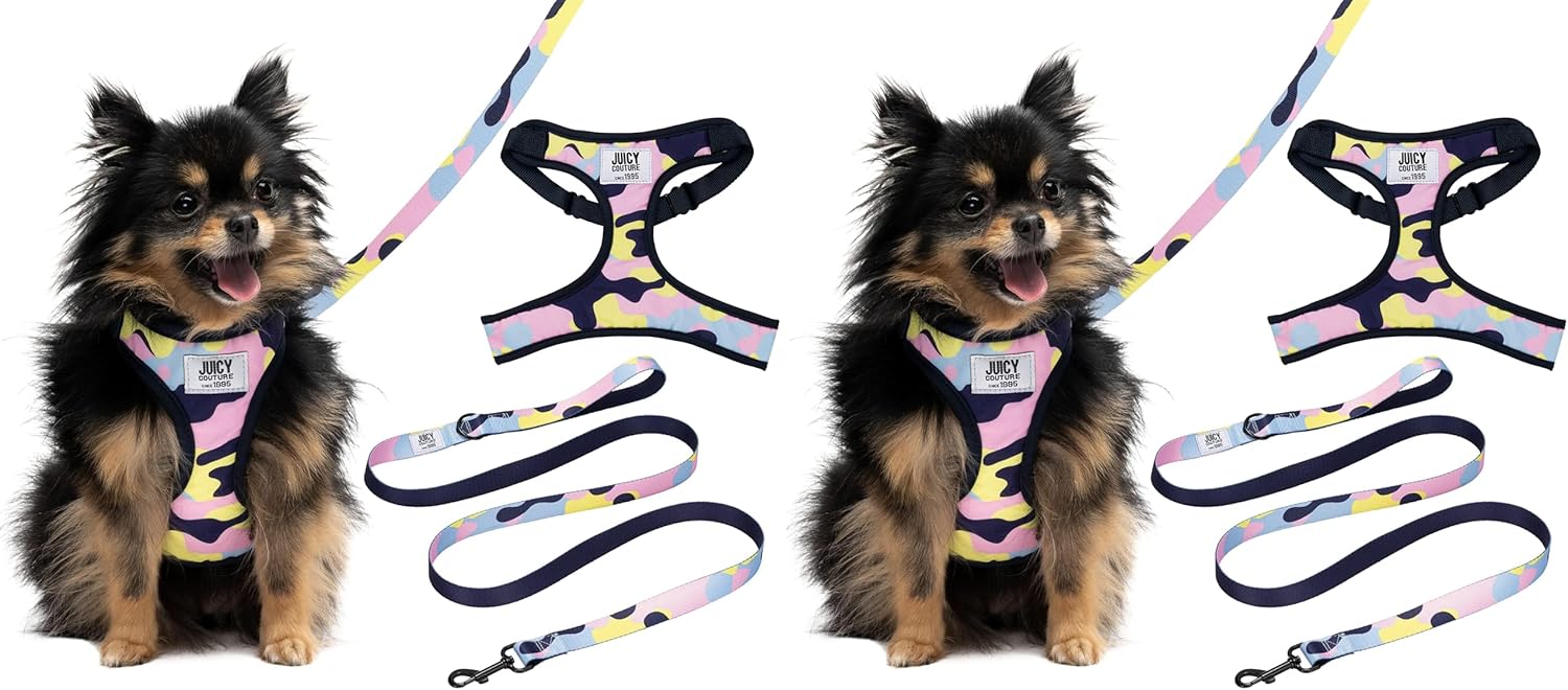 Juicy Couture Colorful Camo Dog Harness and Leash Set – Adjustable Puppy Harness with Puppy Leash & Mesh Padding Dog Harness, Large (Pack of 2)