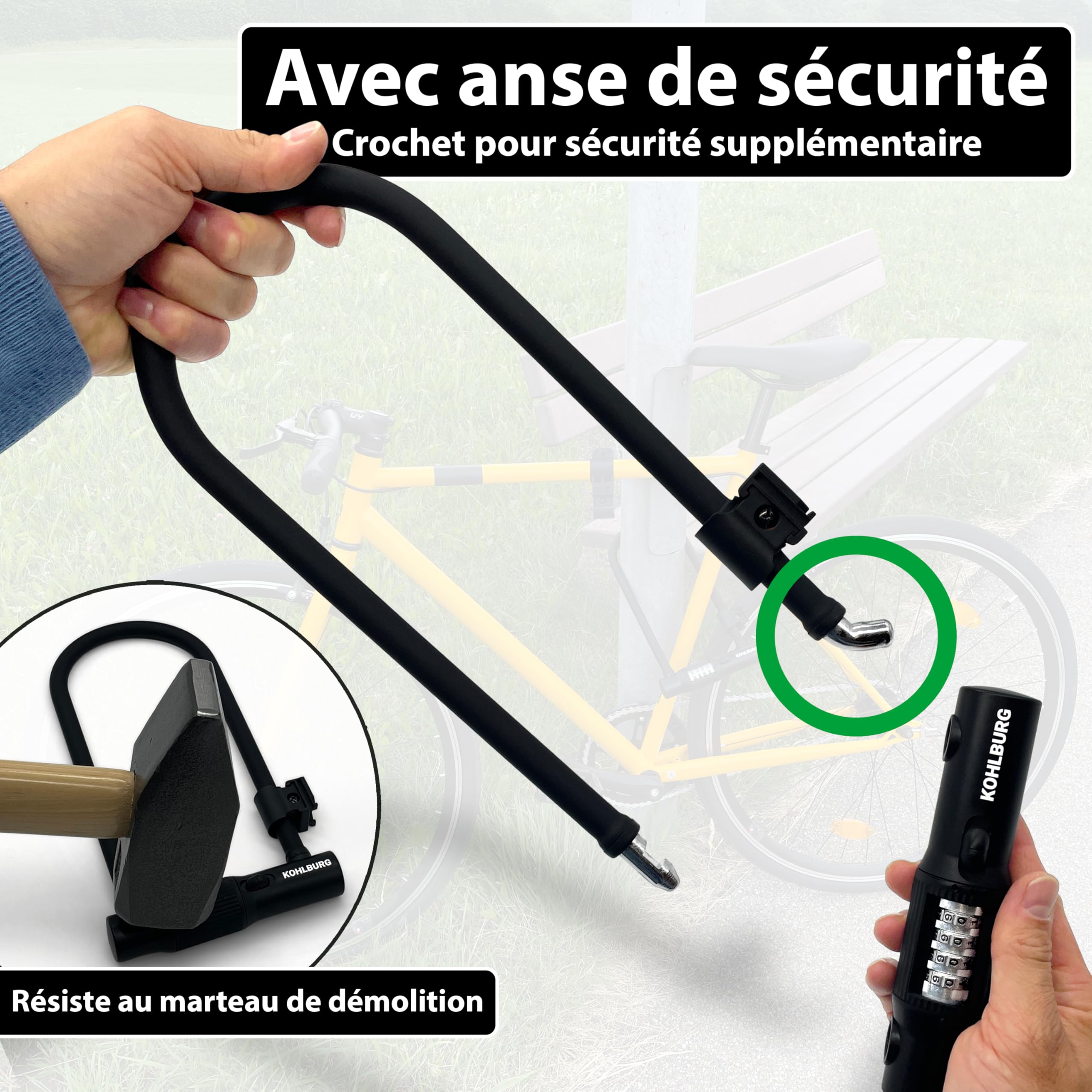 KOHLBURG Antivol en U, avec serrure à combinaison pour vélo, avec support | Antivol en U avec code, Serrure à combinaison vélo - haute sécurité pour vélo électrique - noyau en acier de 12 mm