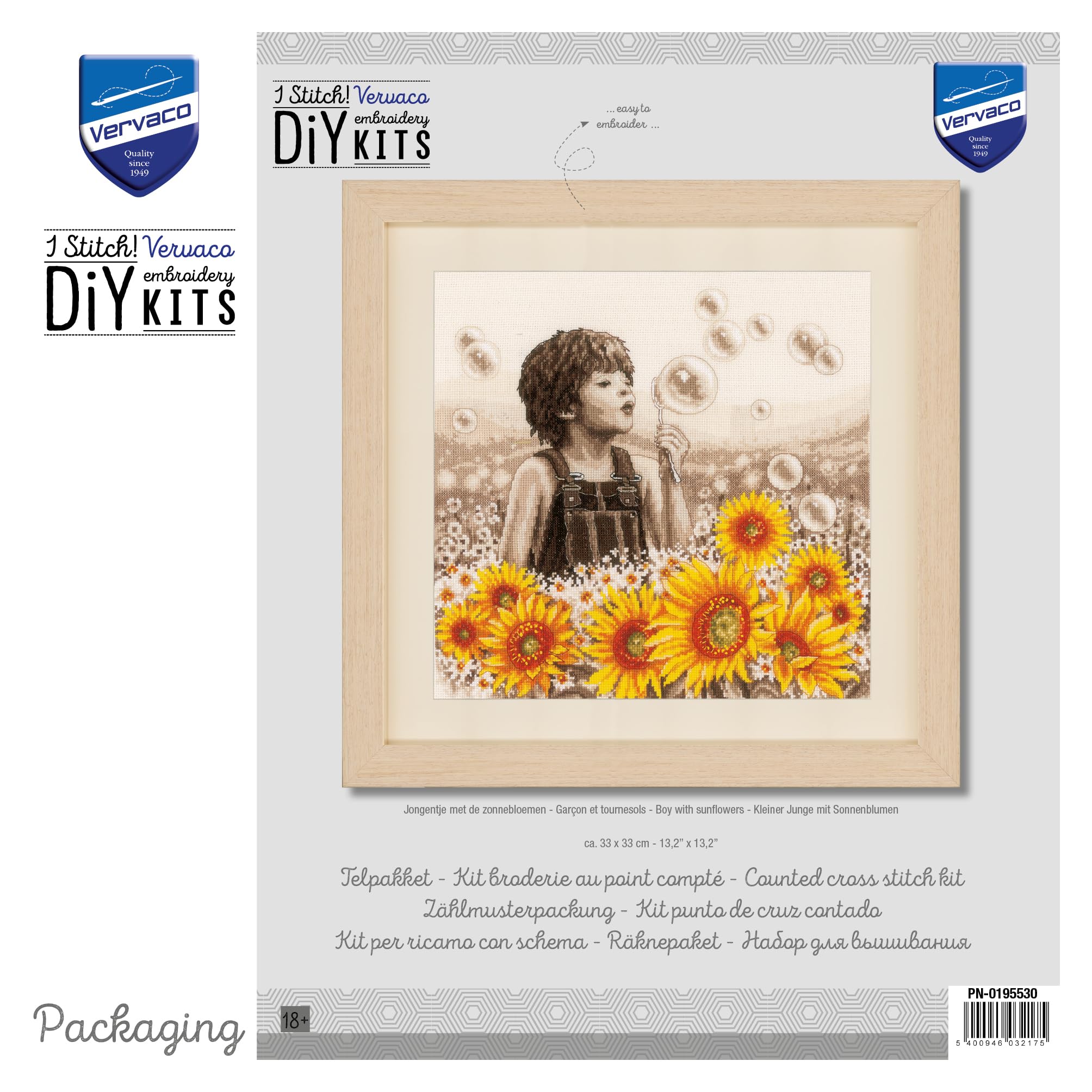 VERVACO Haft Krzyżykowy Liczony Zestaw Obraz do Haftu CHŁOPIEC ZE SŁONECZNIKAMI Zrób to Sam Zestaw Kreatywny dla Dorosłych 33 x 33 cm Dekoracja Ścienna DIY Cross Stitch Kit