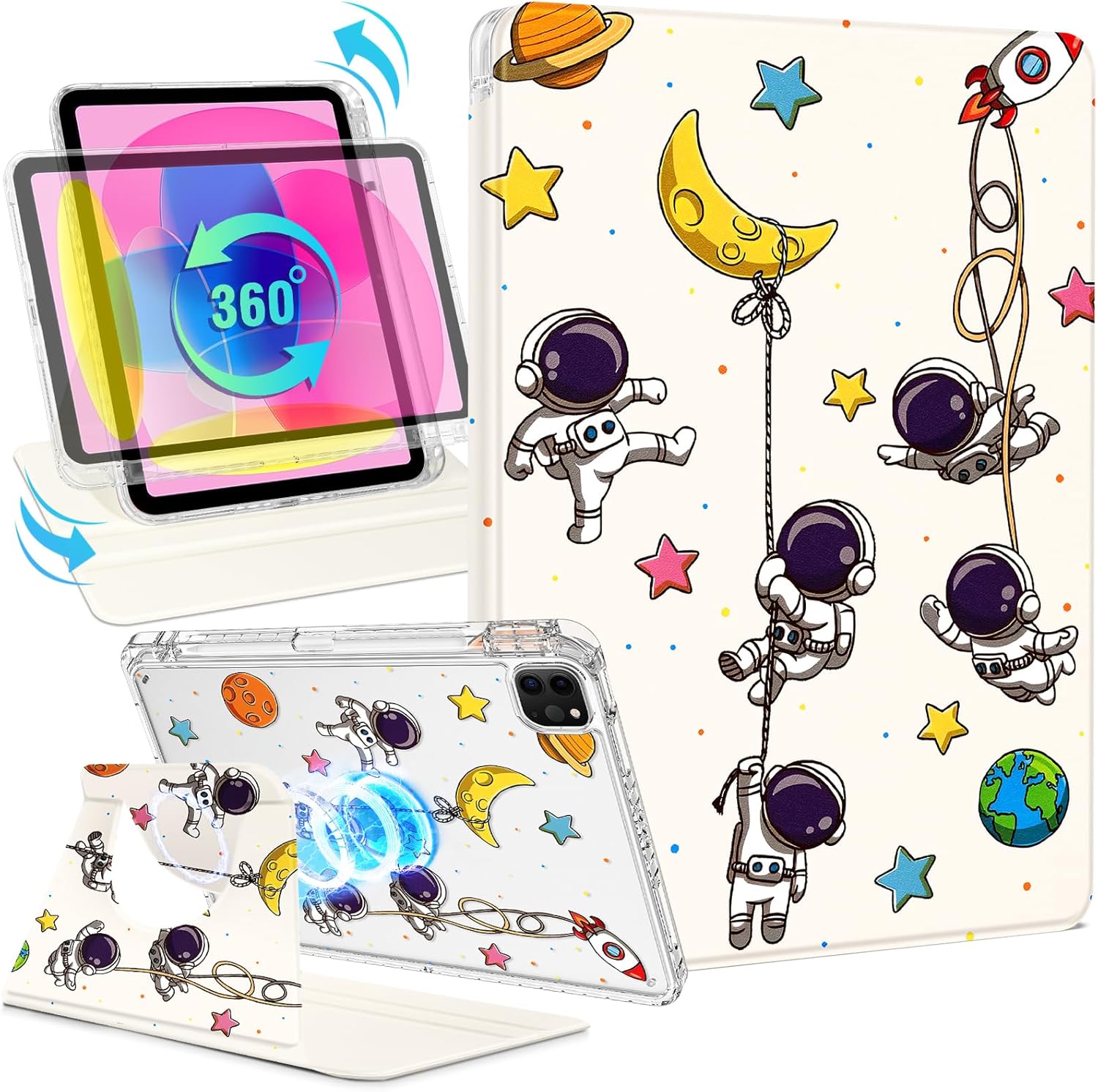 Shorogyt for iPad Air 13 Inch M3 2025 & M2 2024 /for i Pad Pro 12.9 inch (3/4/5/6th Gen) for Magnetic Stand for Women - Cute Design 360 Degree Rotating Covers Girls with Pencil Holder, Astronaut Astronaut for iPad Pro 12.9/Air 13 inch 2025/2024