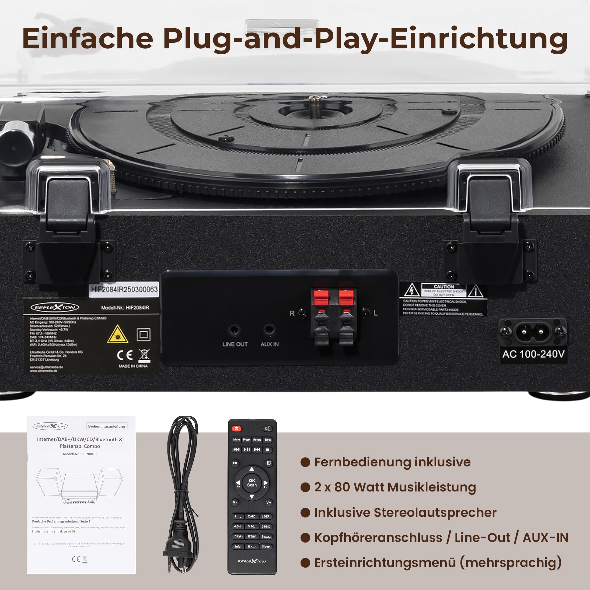 Reflexion Plattenspieler mit Lautsprecher & WLAN | Retro HiFi Anlage mit DAB+, Internetradio, Bluetooth, CD, USB-MP3 Aufnahme, Farbdisplay, Wecker & Sleep-Timer – Komplettsystem inkl. Fernbedienung