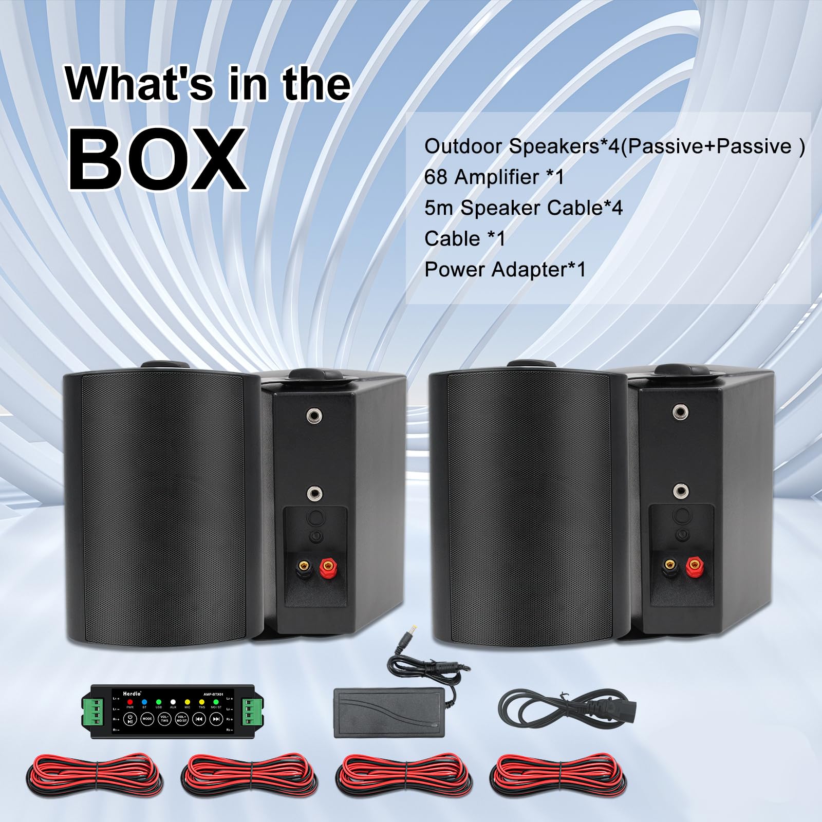 Herdio Altavoz Bluetooth para Exteriores de 5,25 Pulgadas, Resistente al Agua, 600 vatios con Cable y Amplificador para Uso en Interiores y Exteriores, Patio, Garaje, casa (Negro)