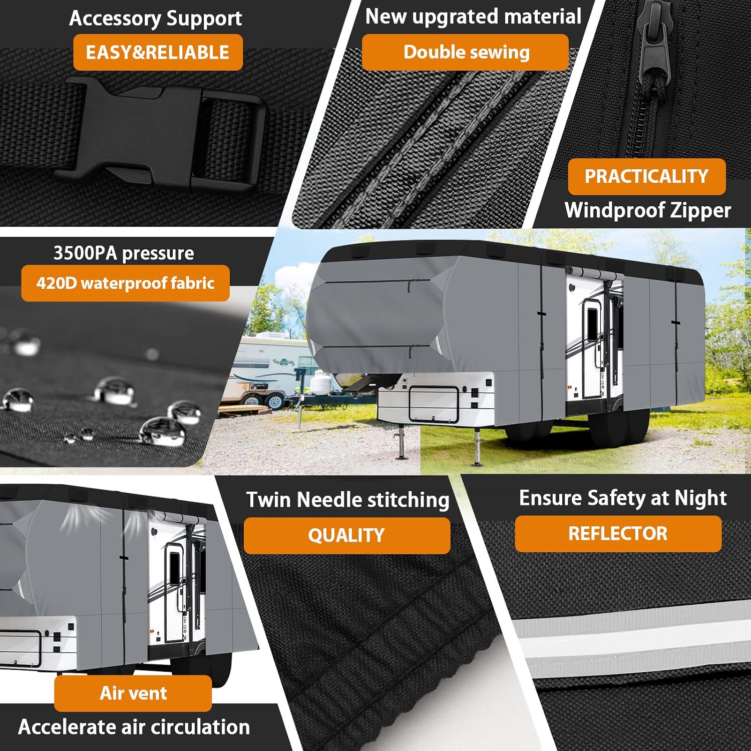 37-40ft 5th Wheel RV Cover, All-Weather 420D Oxford Waterproof Fabric with Night-Time Security Features