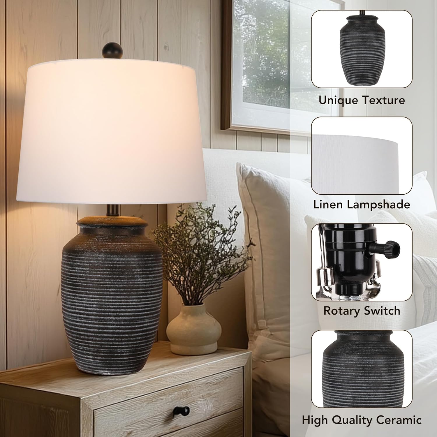 QiMH Ceramic Table Lamp, Farmhouse Nightstand Lighting with White Linen Shade, Vintage Black Pottery Bedside Lamp for Living Room, Dining Room, Bedroom, Office, Nightstand, End Table(Bulb Inclued)