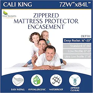 California King Mattress Protector Bedbug Waterproof Zippered Cover - Deep Pocket Fits up to 20" Depth - Hypoallergenic Premium Quality Encasement Protects Against Dust White