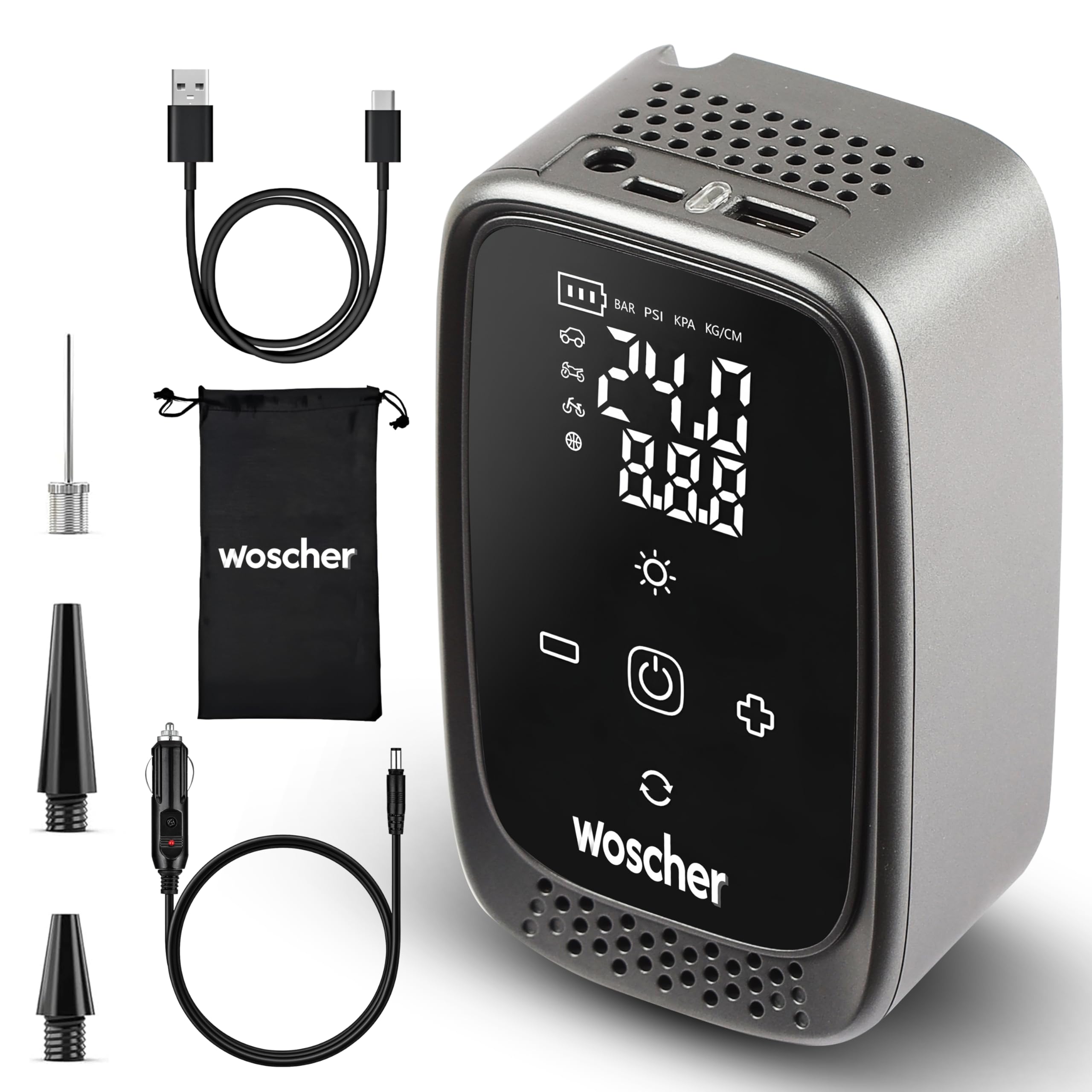 Woscher Rapid Performance Portable Tyre Inflator 12V with Large Analogue Display & Built-in LED Light, 12V DC 100 PSI Air Pump for Bike, Cycle & Car