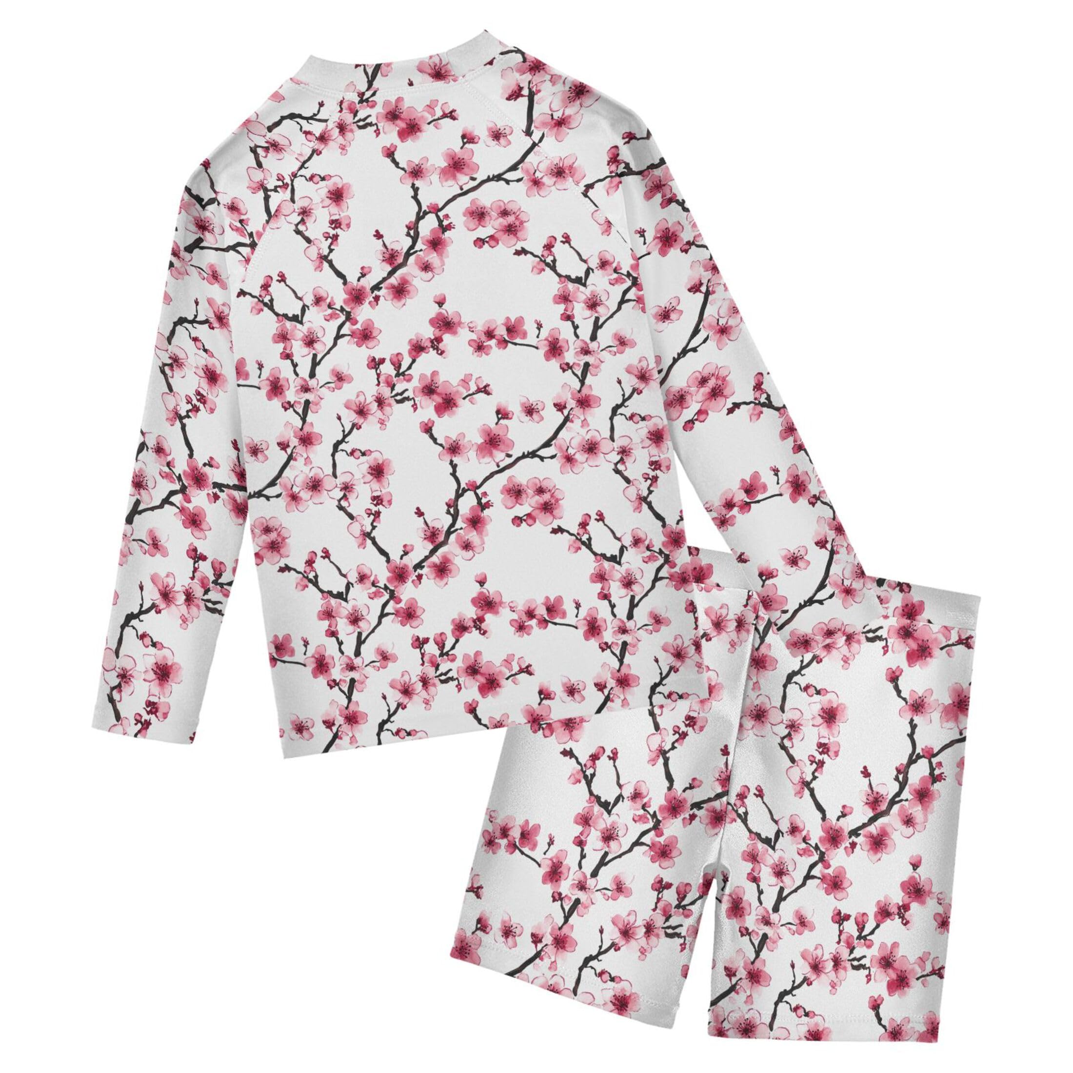 Pink Cherry Blossoms Flower Baby Boys' Toddler Long Sleeved Rashguard Swim Bathing Suit Set B0404321