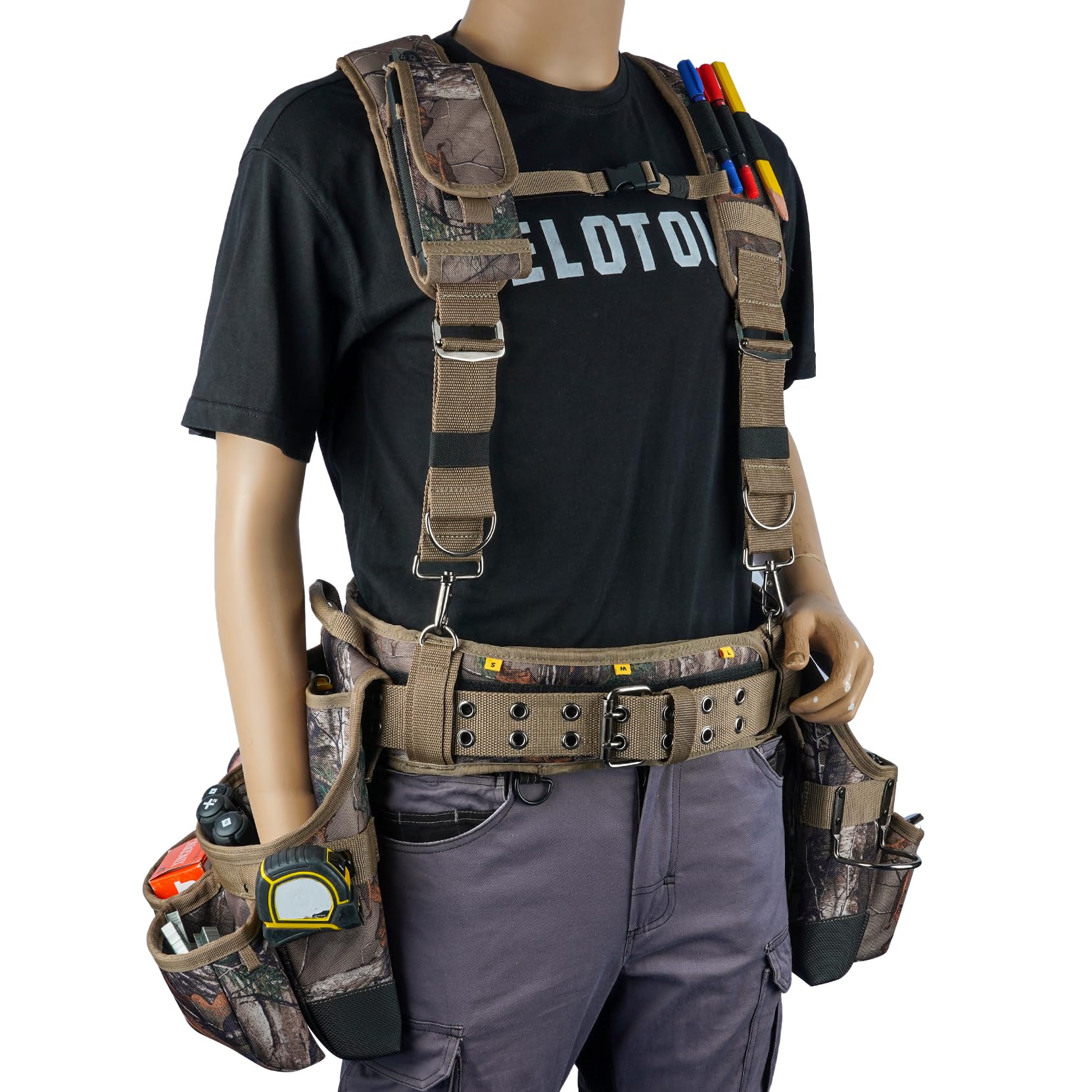MELOTOUGH - Cinturón de herramientas con camuflaje y tirantes Bolso de herramientas con camuflaje y tirantes Combinación de peine, delantal, cinturón de herramientas, bolsa de herramientas para