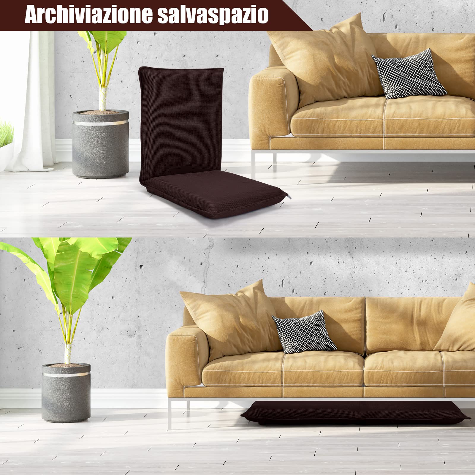 RELAX4LIFE Sedia da Terra Reclinabile, Poltroncina con Imbottitura Spessa e Schienale Regolabile in 6 Posizioni, Sedia da Pavimento Versatile per Soggiorno/Studio/Balcone (Marrone)