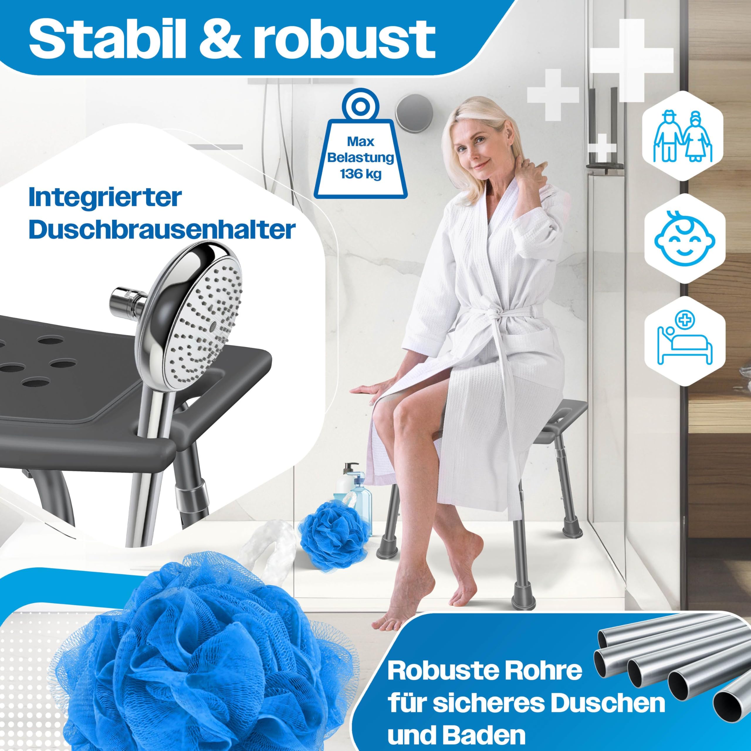 KESSER Taburete de ducha regulable | ligero taburete de baño antideslizante pies de goma silla de ducha soporta 136 kg | ayuda de ducha para personas mayores | asa de sujeción con ventosa | asiento de