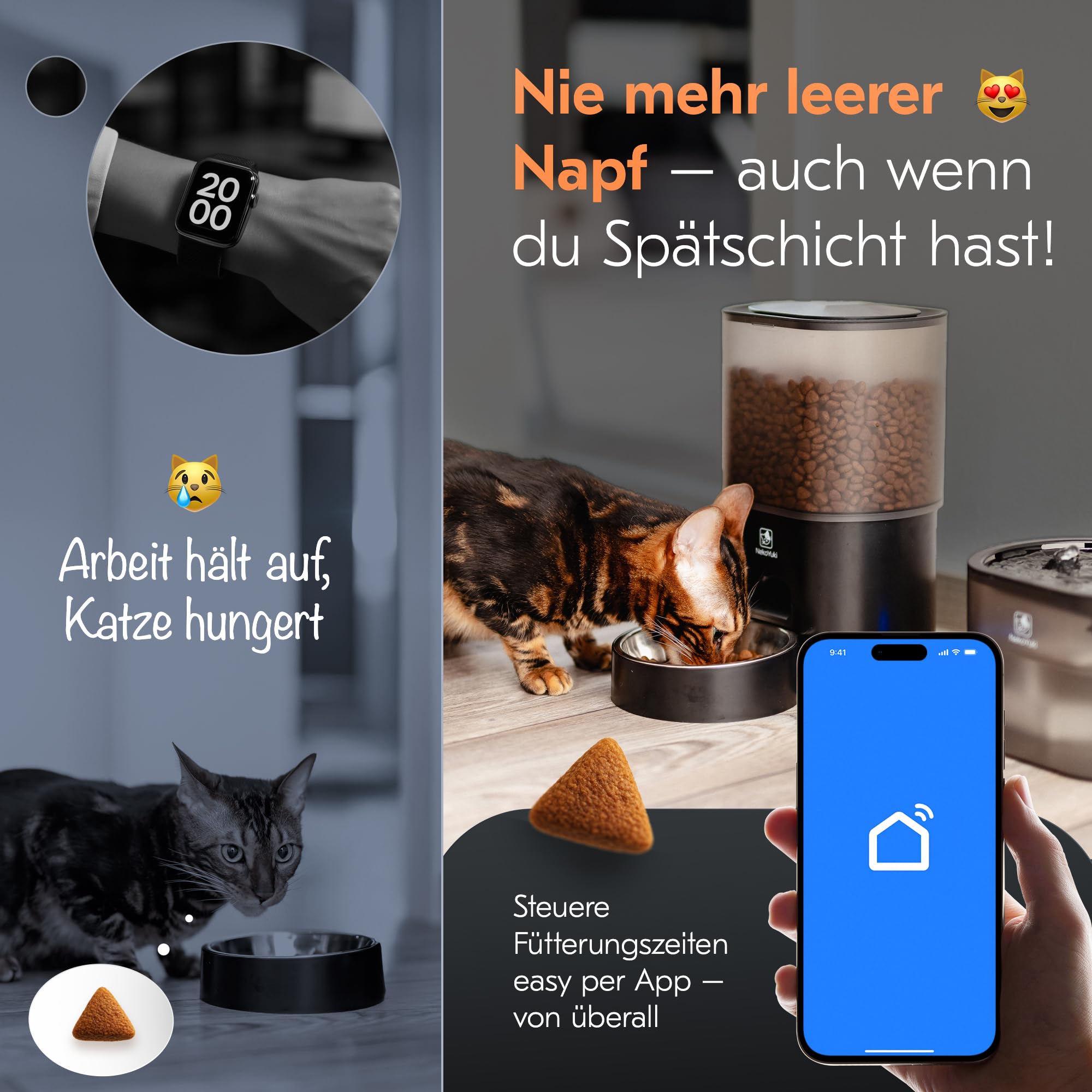Futterautomat & Katzenbrunnen 2-in-1 | App-gesteuert, 3L Trinkbrunnen, automatischer Futterspender für Katzen | leise, hygienisch, mit Batterie-Notbetrieb