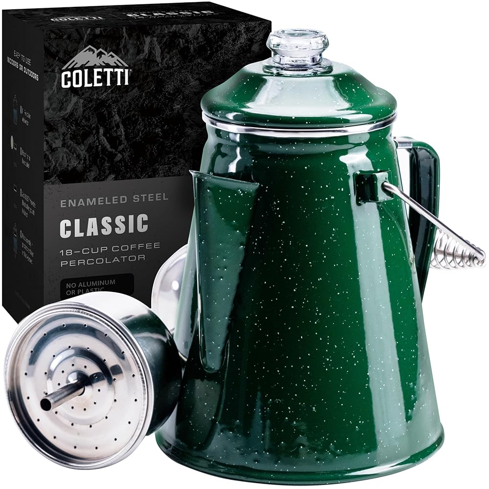 COLETTI Classic Percolator Coffee Pot - The Most Nostalgic Camping Coffee Pot, Now Modernized [Green Enamel, 18 Cup]