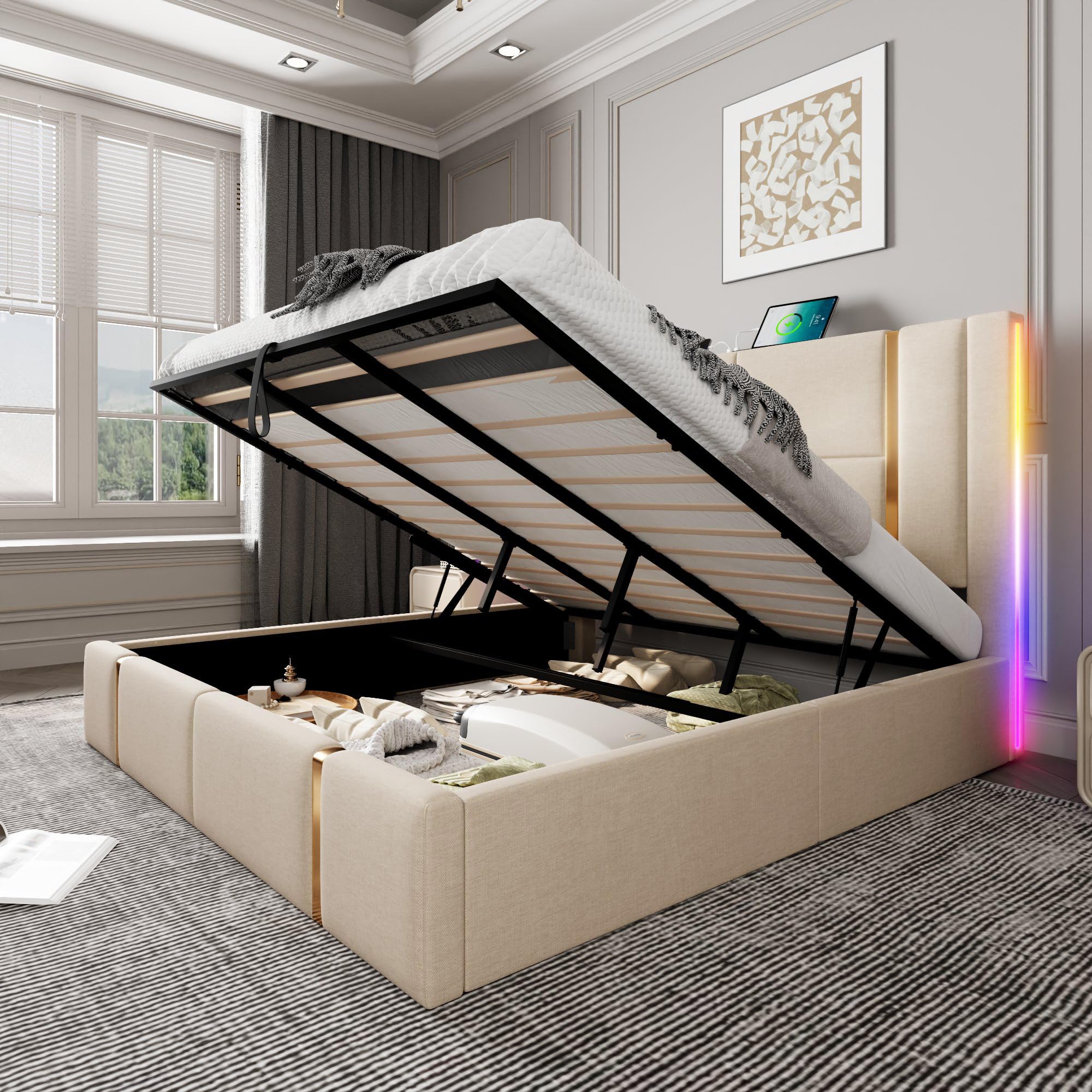 Moimhear Letto imbottito, letto matrimoniale, funzione di ricarica USB di tipo C, controllo APP, rete a doghe in legno, letto per ragazzi, letto per adulti, materiale di lino beige (materasso non