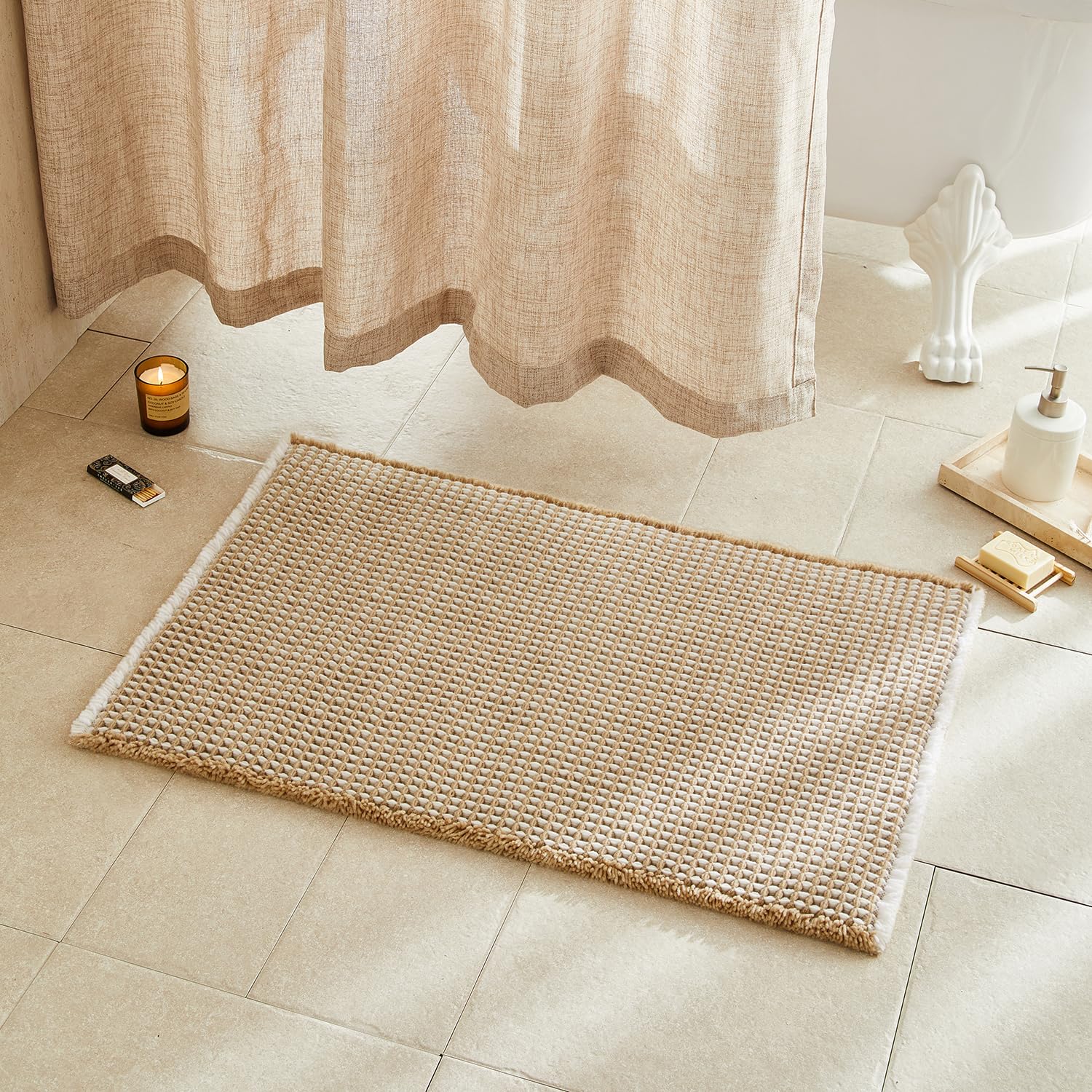 TYUU Waffle Bath Mat, Boho Bathroom Rugs Non Slip Washable Super Absorbent Quick Dry Bath Mat Farmhouse Bathroom Decor, 36"x24" Khaki and White