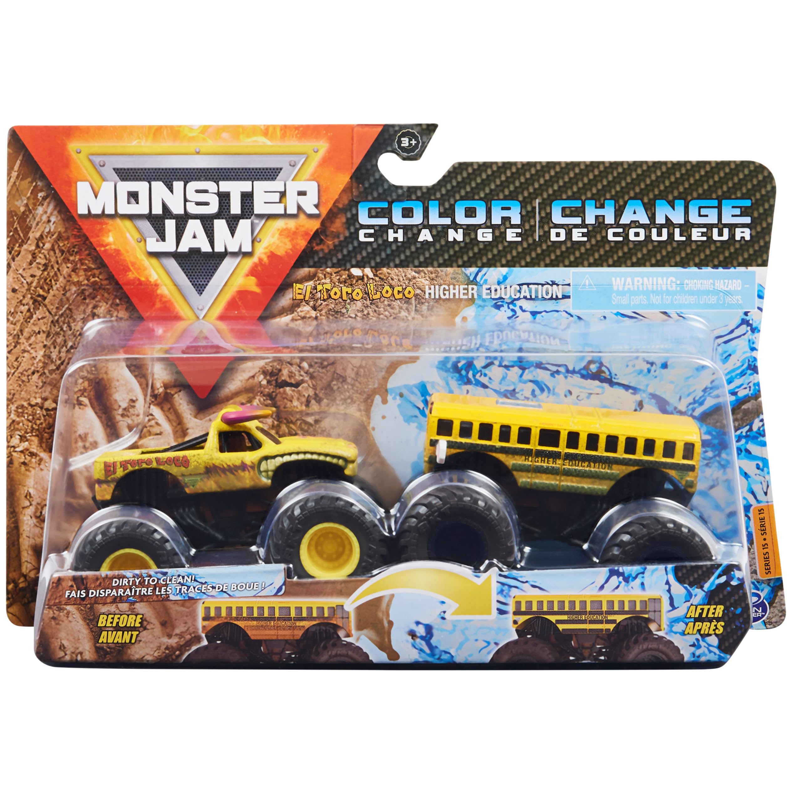Monster Jam 2021 Color Change 2-pack El Toro Loco Yellow vs Higher Education School Bus 1:64 Scale Die-Cast Monster Trucks