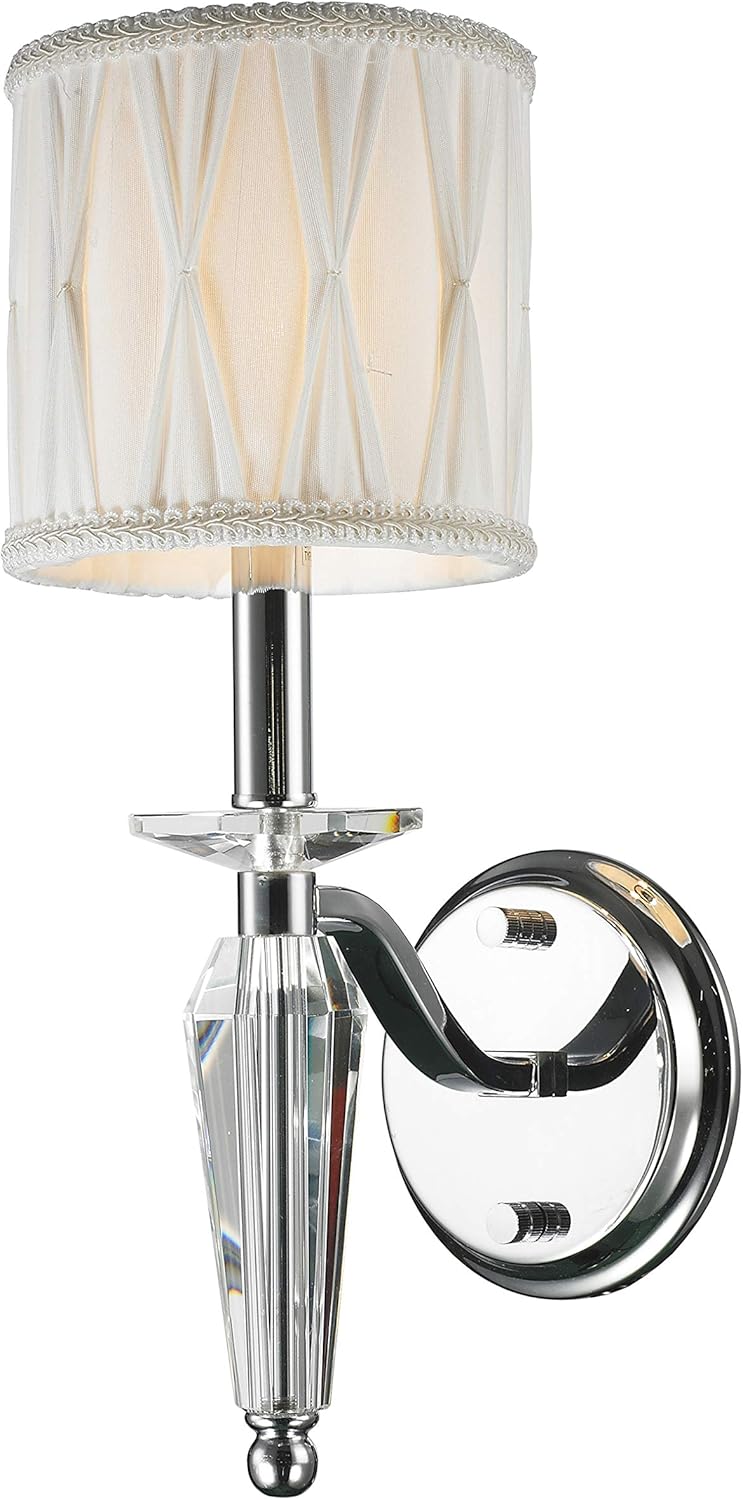 Gatsby Collection 1 Light Arm Chrome Finish and Clear Crystal Wall Sconce with White Fabric Shade 6" W x 16" H Small