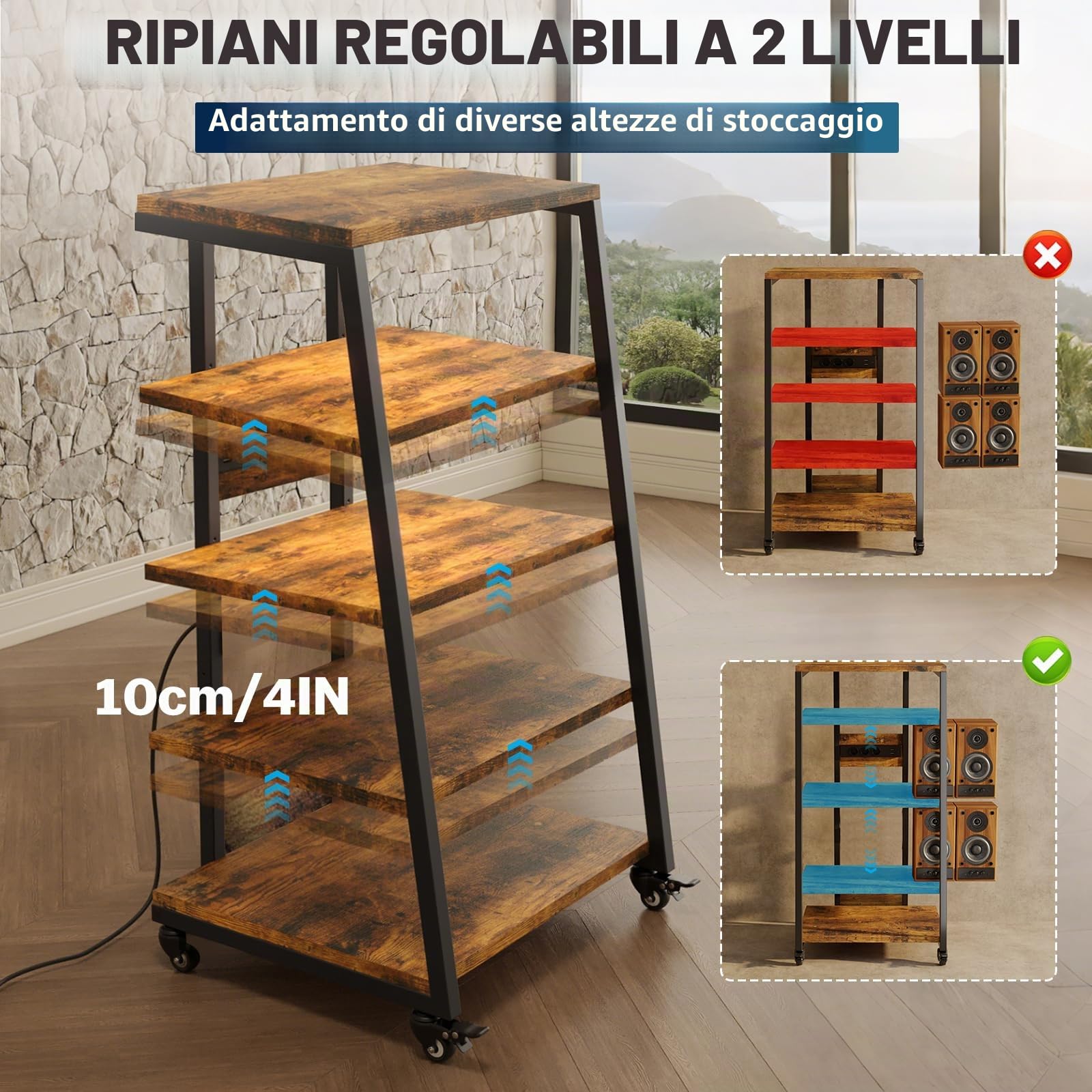 HiFi Rack a 5 livelli con ruote, giradischi, tavolo con ciabattine, luci a LED, ripiano regolabile in legno, supporto multimediale HiFi per impianto audio, impianto stereo, 60 x 52 x 110 cm