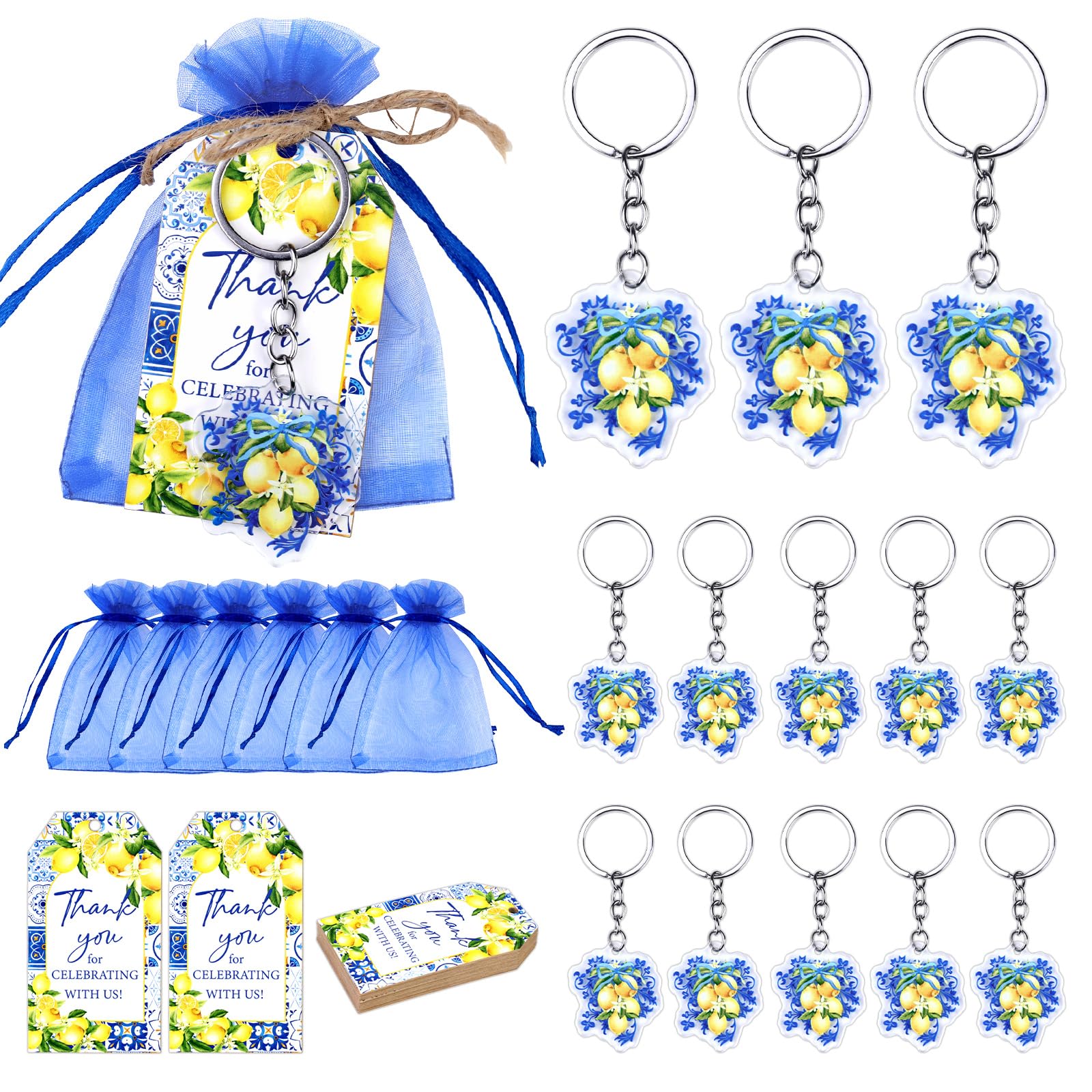 Serencatcher Lot de 72 cadeaux de fête au citron avec porte-clés en organza bleu avec cordon de serrage pour fête prénatale au citron « She Found Her Main Squeeze »