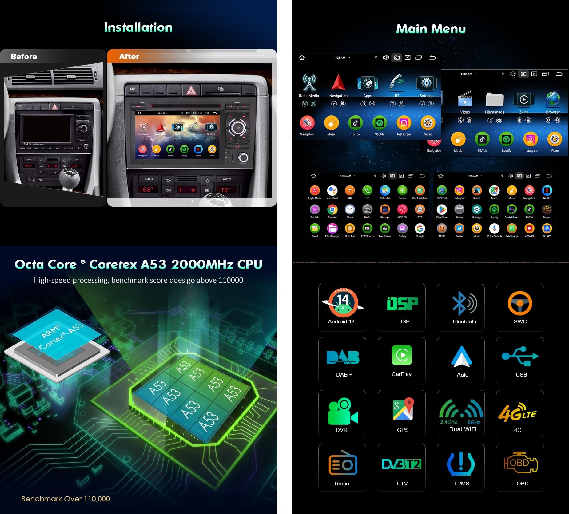 Erisin 8-Core 4GB+64GB Android 14 Autoradio Bluetooth per Audi A4 S4 RS4 8E B9 B7 7 pollici Schermo Tattile IPS Supporto GPS Navigatore CarPlay Android Auto WiFi DSP DAB+ USB FM RDS Canbus Lettore CD