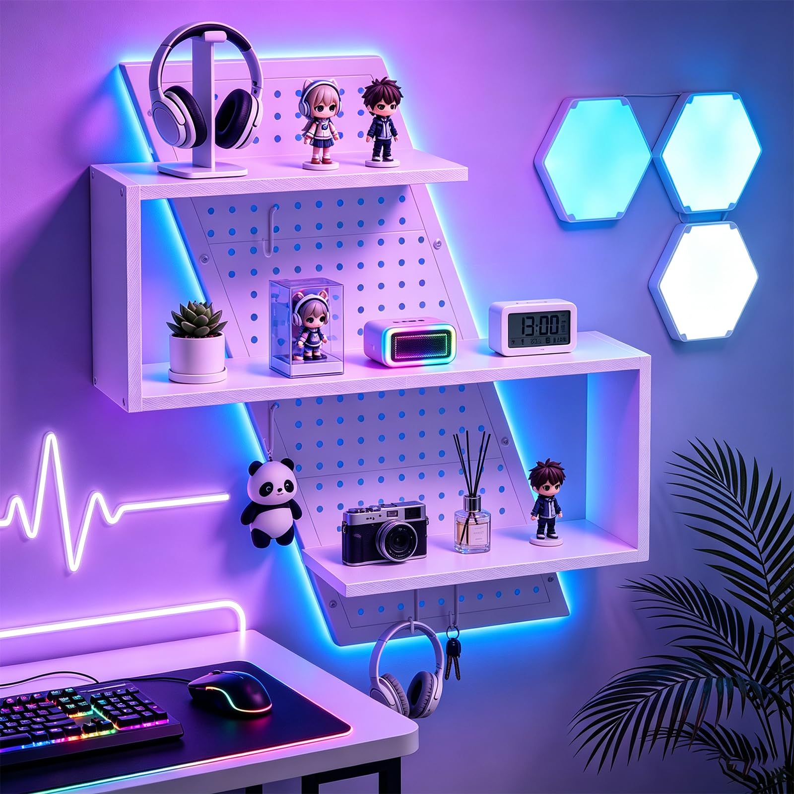 S-förmiges Gaming schwebendes Regal, Wandregal mit LED-Beleuchtung, Weiß | Mit Lochplatte, 4 Haken und RGB-LED-Beleuchtung, einfache Wandmontage, platzsparend, vielseitig einsetzbar