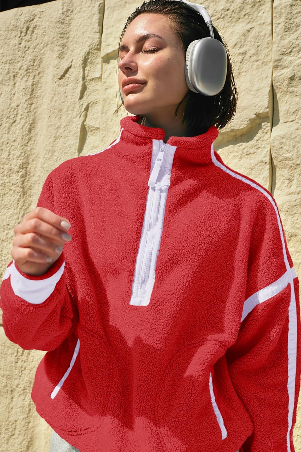 Panadila Womens Half Zip Sherpa Fleece Pullover Soft Oversized Sweatshirt with Pockets Warm Fuzzy Sweater - Image 6