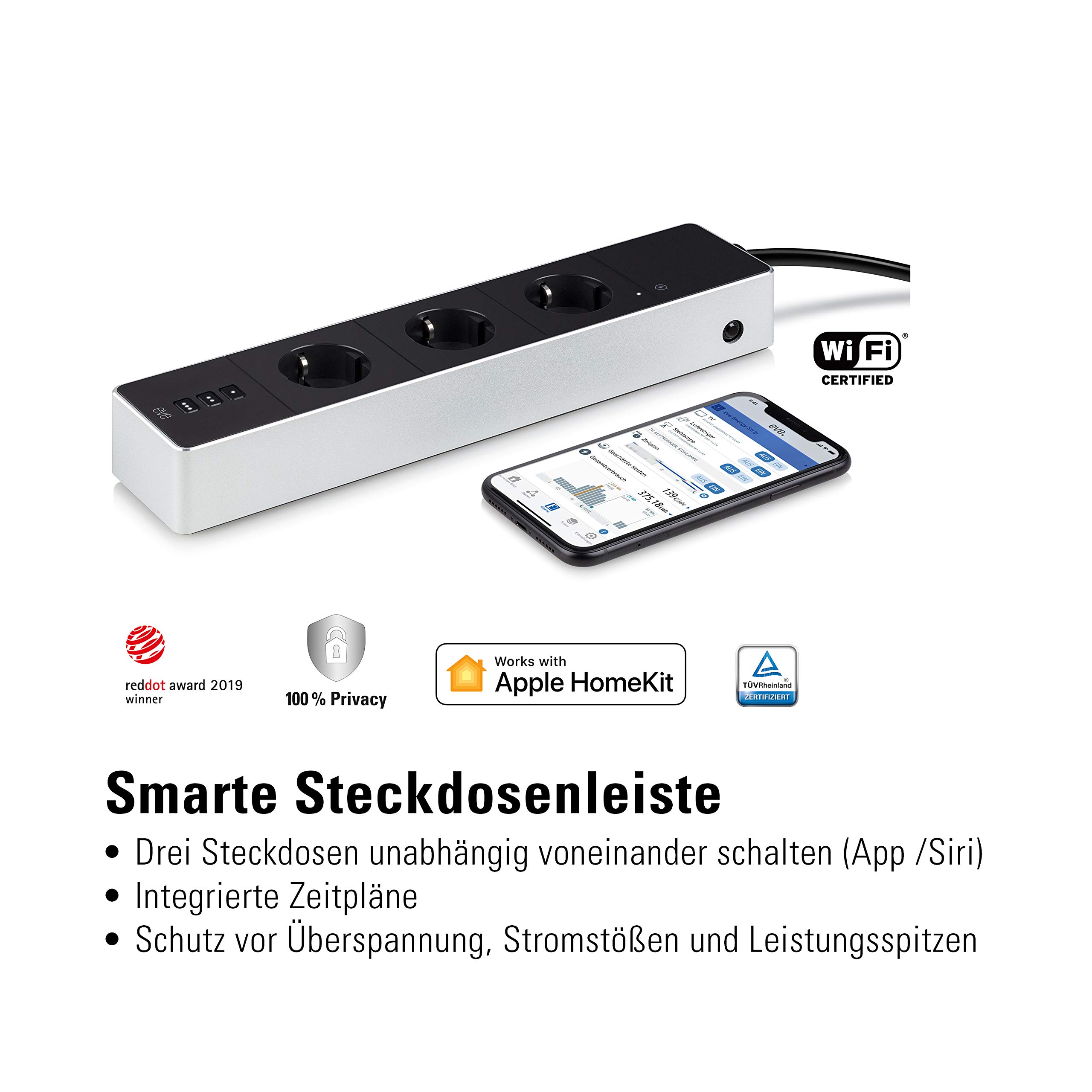 Eve Energy Strip – Smarte Dreifach-Steckdosenleiste, misst Stromverbrauch, Energiesparen, integrierte Zeitpläne, Fernzugriff, Keine Bridge nötig, Überspannungsschutz, Apple HomeKit