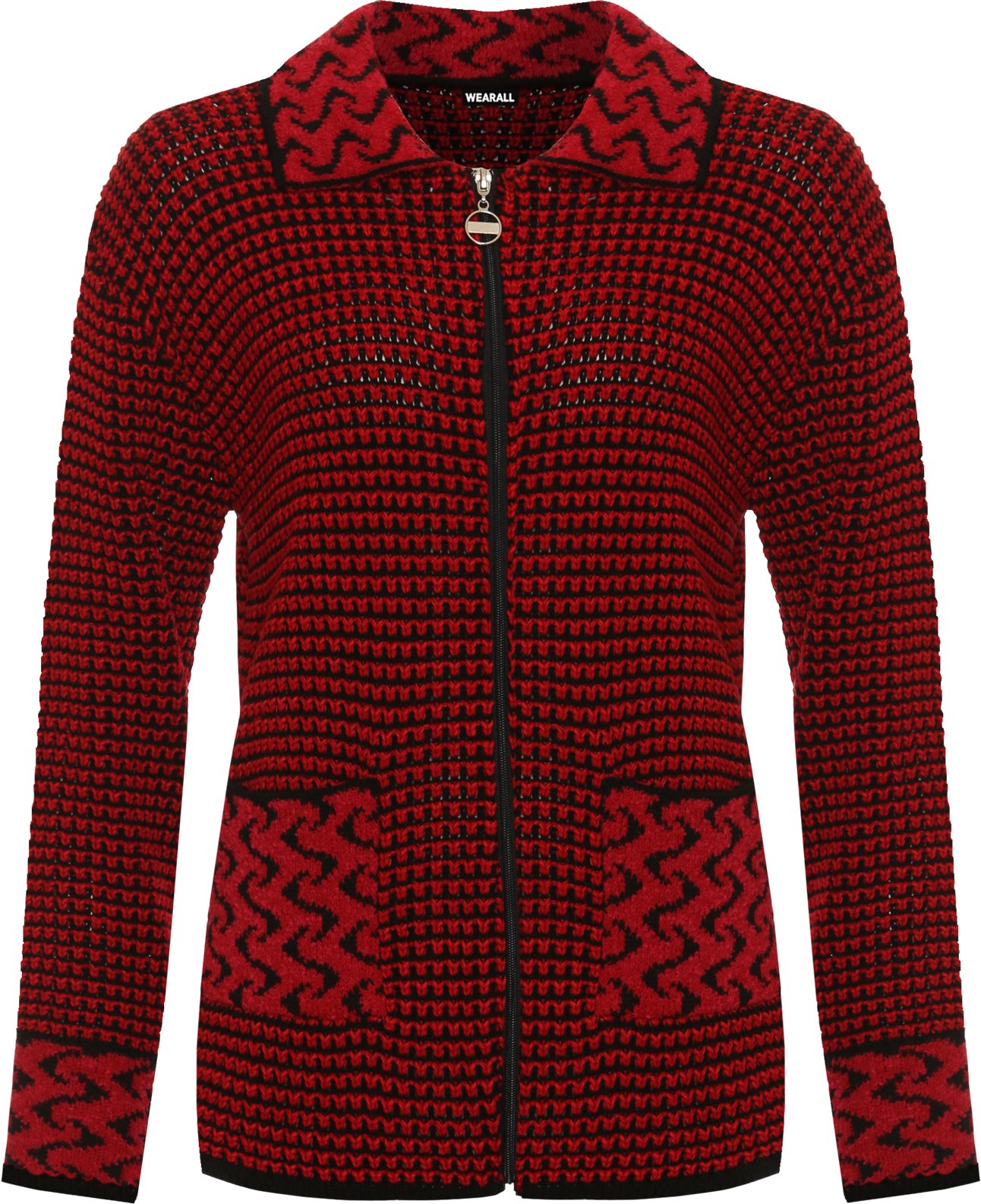 Wearall Women's Red Plus Long Sleeve Knitted Cardigan Zip Pocket Leopard Collar Jumper Jacket - 20-22