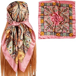 EIysee 35 x 35 Women's Fashion Pattern Large Square Silk Like Hair Scarf Head Sleeping Wrap Satin Neck Bandana for Gift… (Big Cashew Pink)