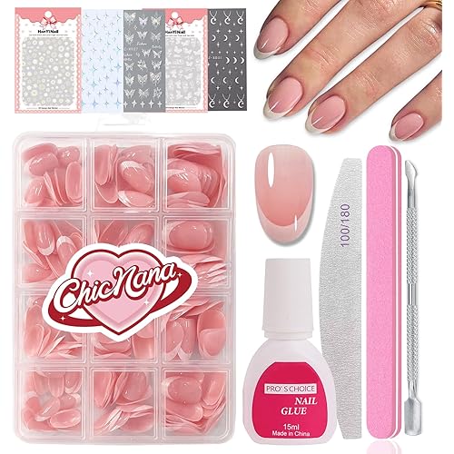 French False Nails Kit, Press on Nails with Glue 240Pcs Round Fake Nails French Tip Pink Color Glossy Full Cover Glue on Nails Art Manicure for Girls Women (Short Round)