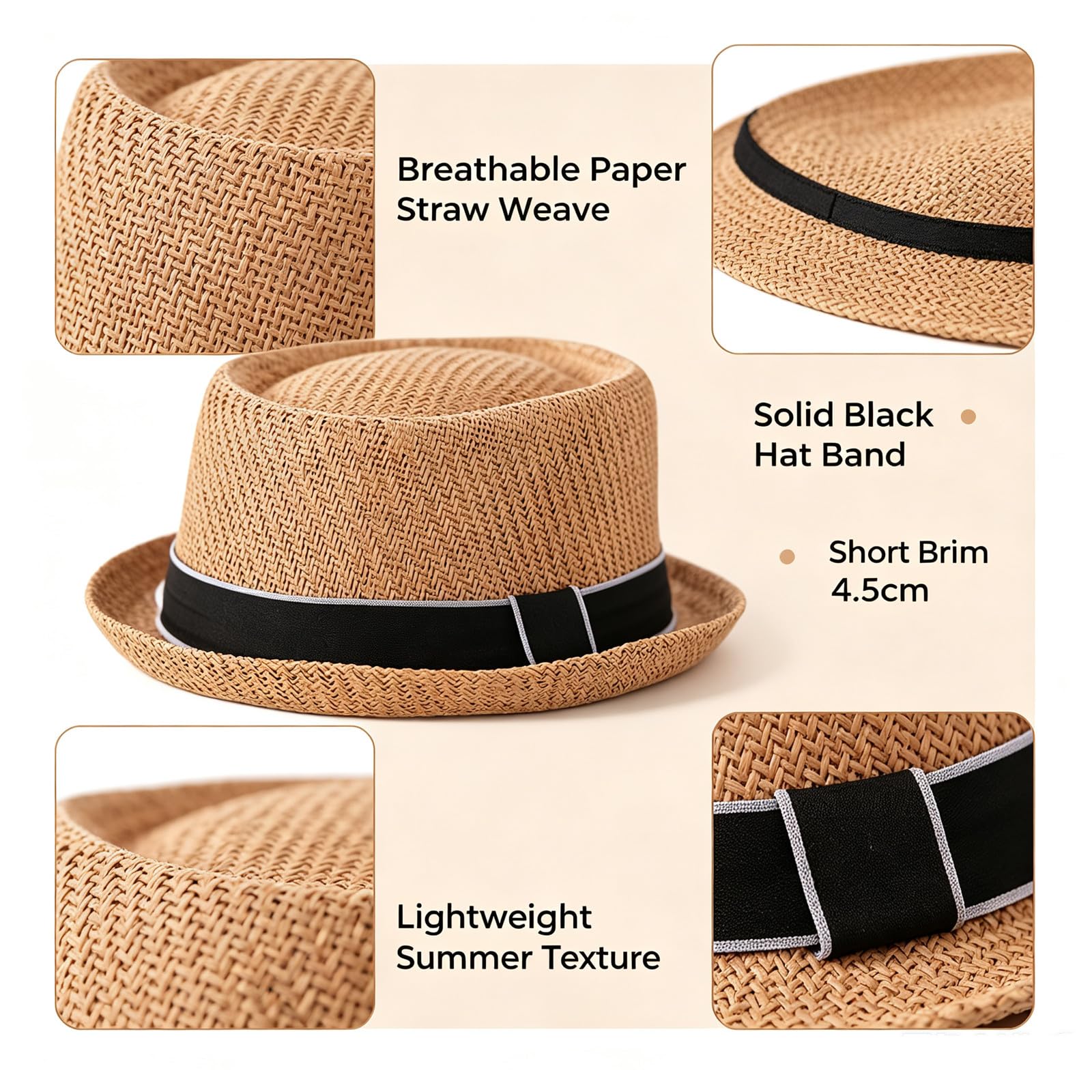 HEYANN Pork Pie Chapeau de paille pour homme Pork Pie Fedora 58 cm Chapeau d'été pour hommes et femmes, bowler plat protection solaire chapeau classique
