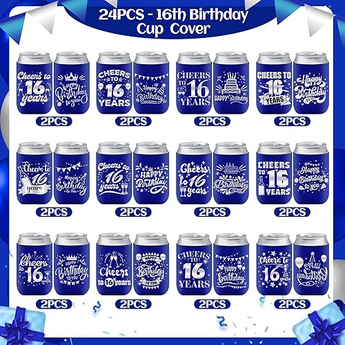 Miniatura 2 de Decoración de manga enfriadora de latas de cumpleaños 16, 24 piezas de recuerdos de fiesta de 16 para niñas y niños, suministros de fiesta de
